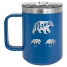 Personalized royal blue 15 oz vacuum insulated coffee mug with 'Mama Bear 2 Baby Bears' design