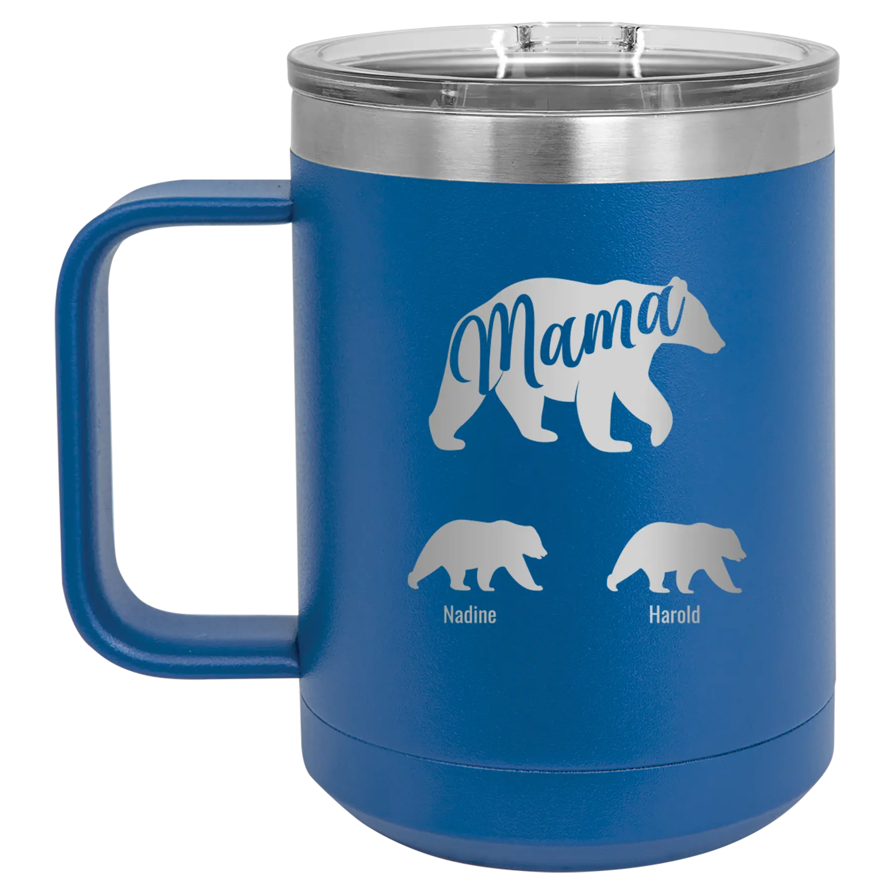 Personalized royal blue 15 oz vacuum insulated coffee mug with 'Mama Bear 2 Baby Bears' design