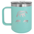 Personalized teal 15 oz vacuum insulated coffee mug with 'Mama Bear 2 Baby Bears' design