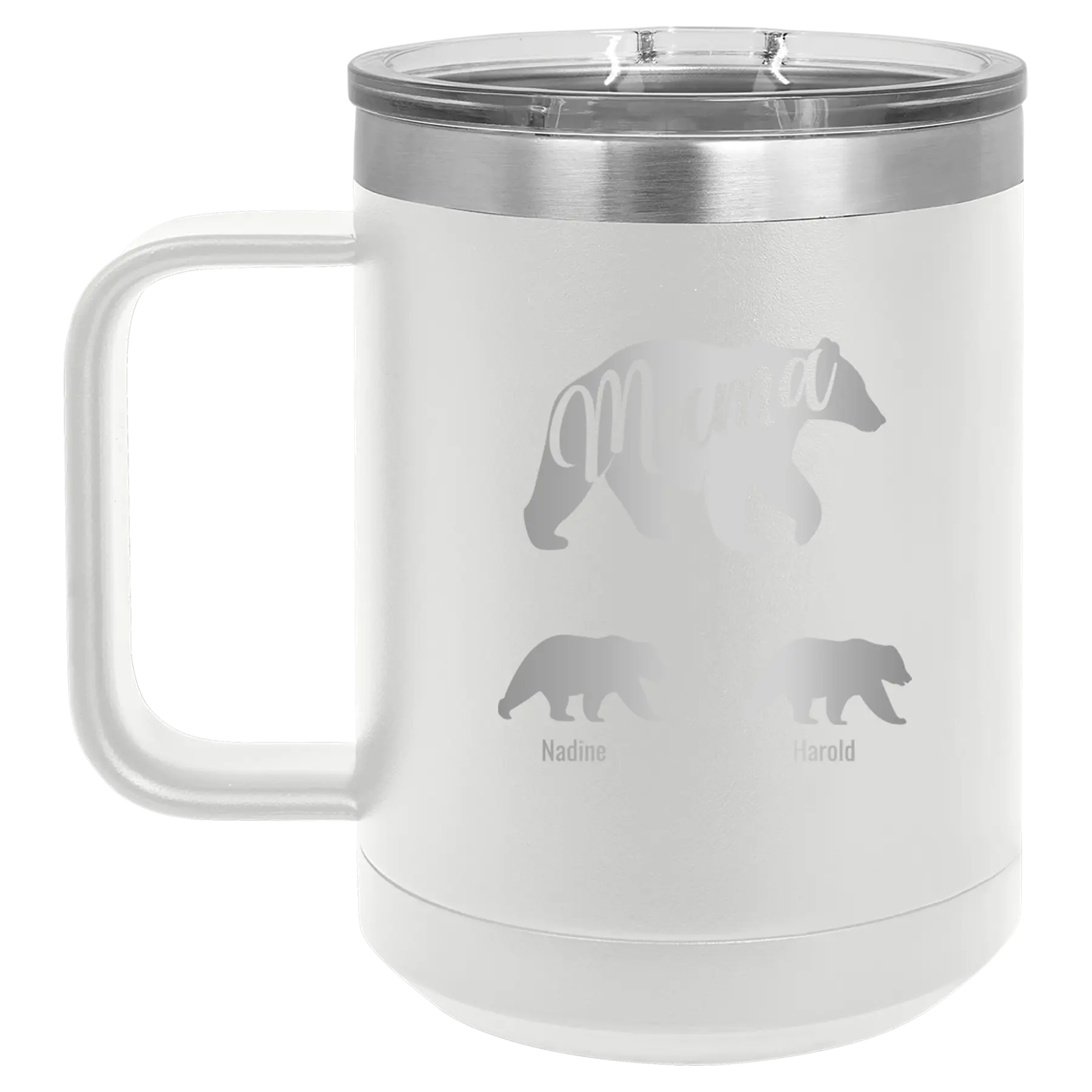 Personalized white 15 oz vacuum insulated coffee mug with 'Mama Bear 2 Baby Bears' design