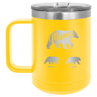Personalized yellow 15 oz vacuum insulated coffee mug with 'Mama Bear 2 Baby Bears' design