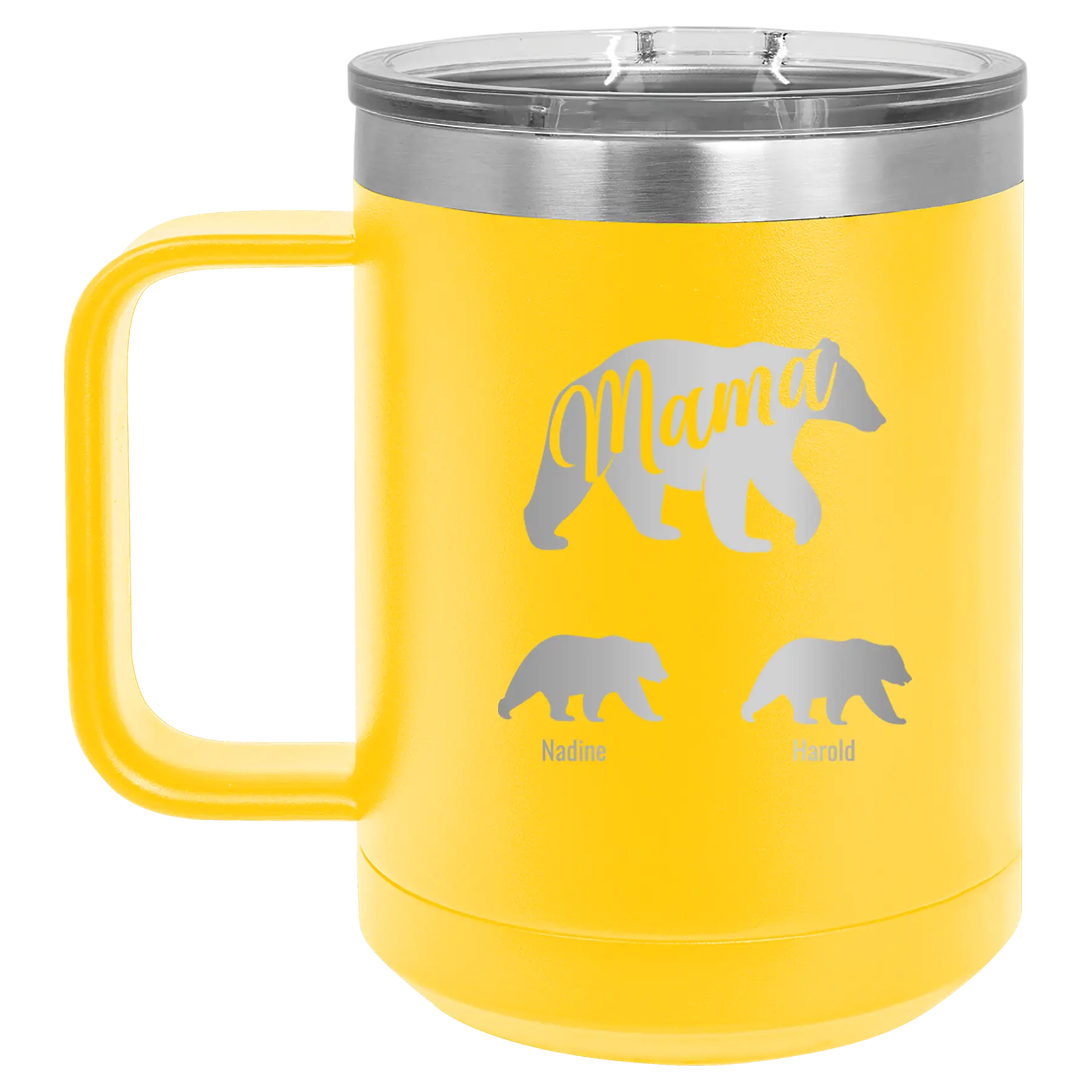 Personalized yellow 15 oz vacuum insulated coffee mug with 'Mama Bear 2 Baby Bears' design