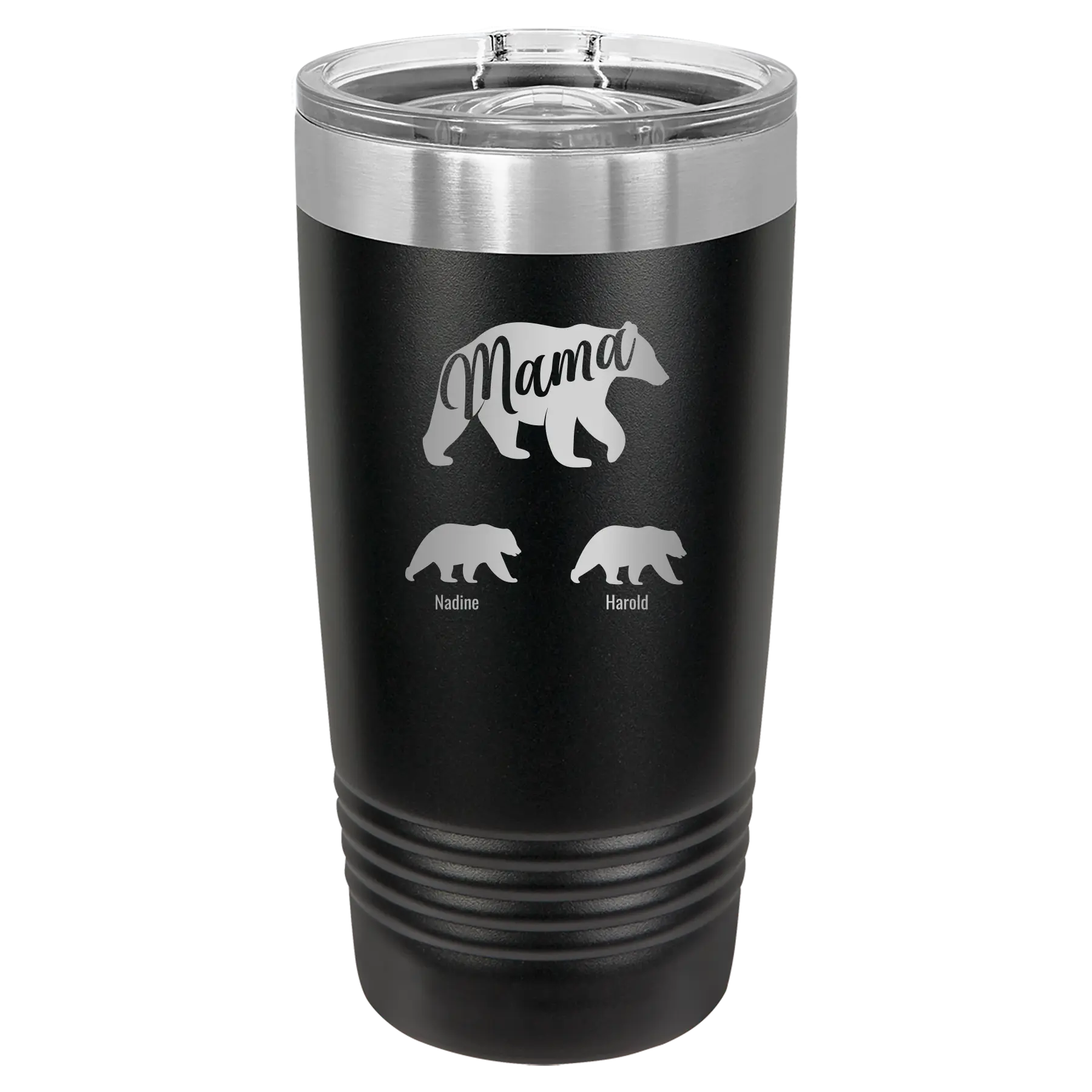 Personalized black 20 oz vacuum insulated tumbler with 'Mama Bear 2 Baby Bears' design