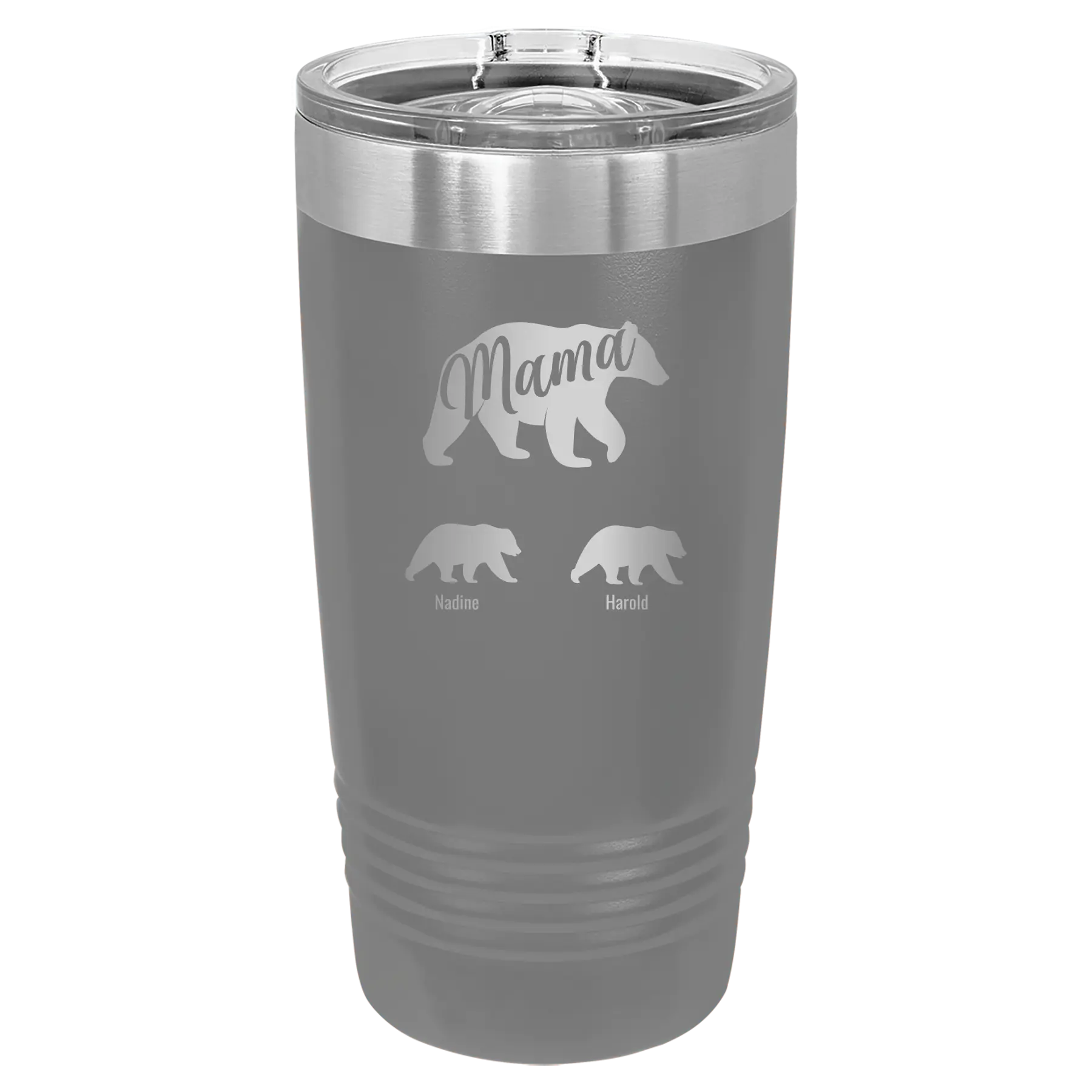 Personalized dark gray 20 oz vacuum insulated tumbler with 'Mama Bear 2 Baby Bears' design