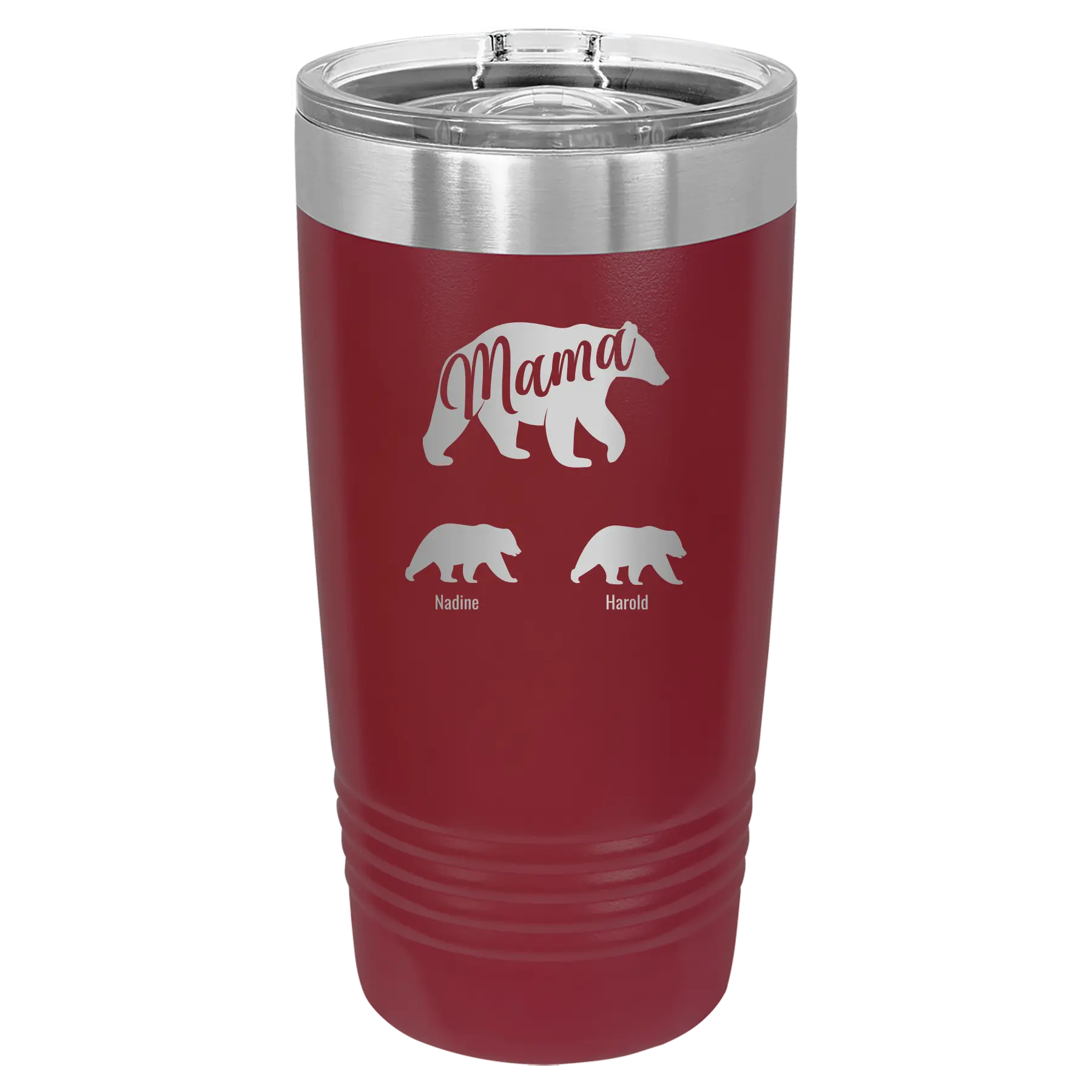Personalized maroon 20 oz vacuum insulated tumbler with 'Mama Bear 2 Baby Bears' design