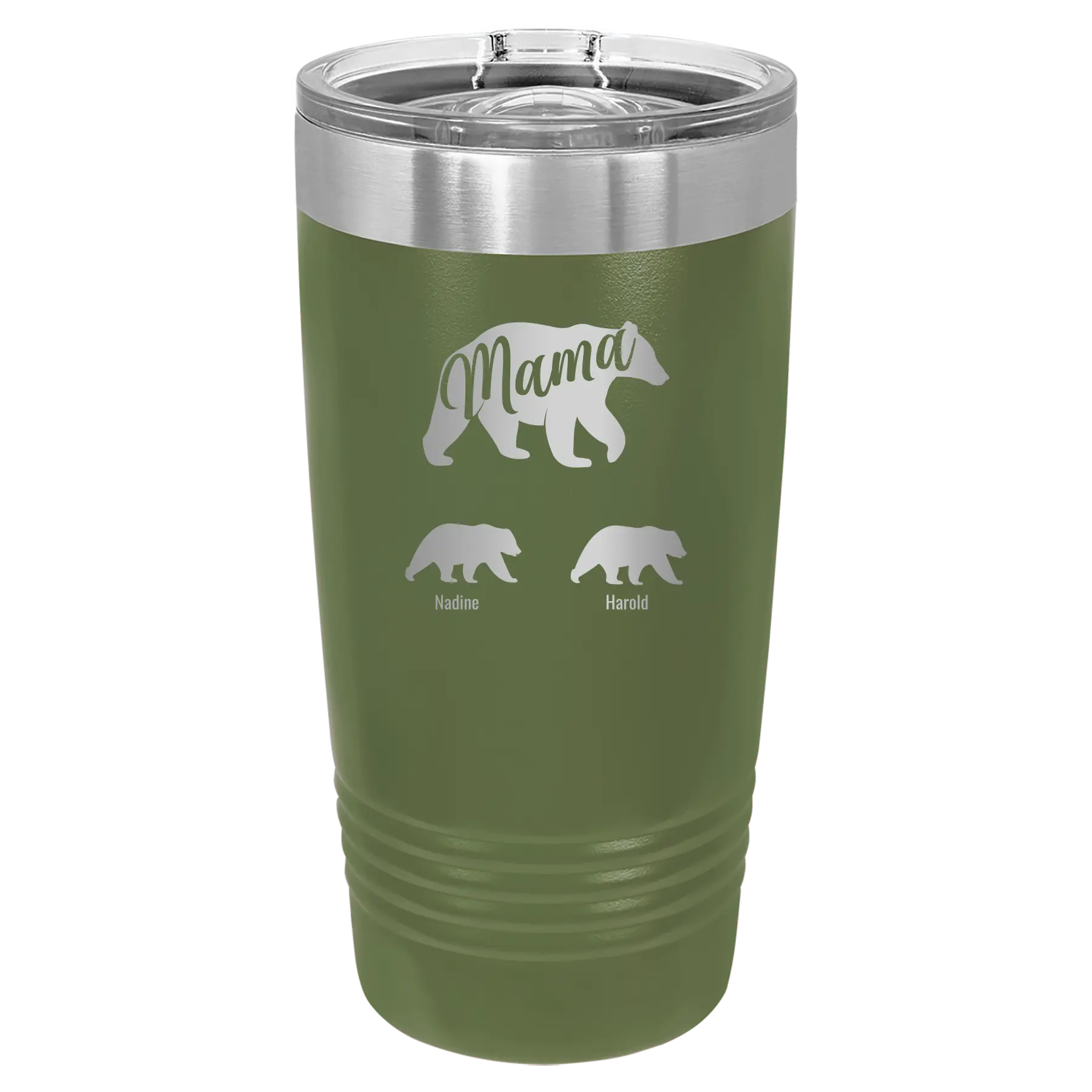 Personalized olive green 20 oz vacuum insulated tumbler with 'Mama Bear 2 Baby Bears' design