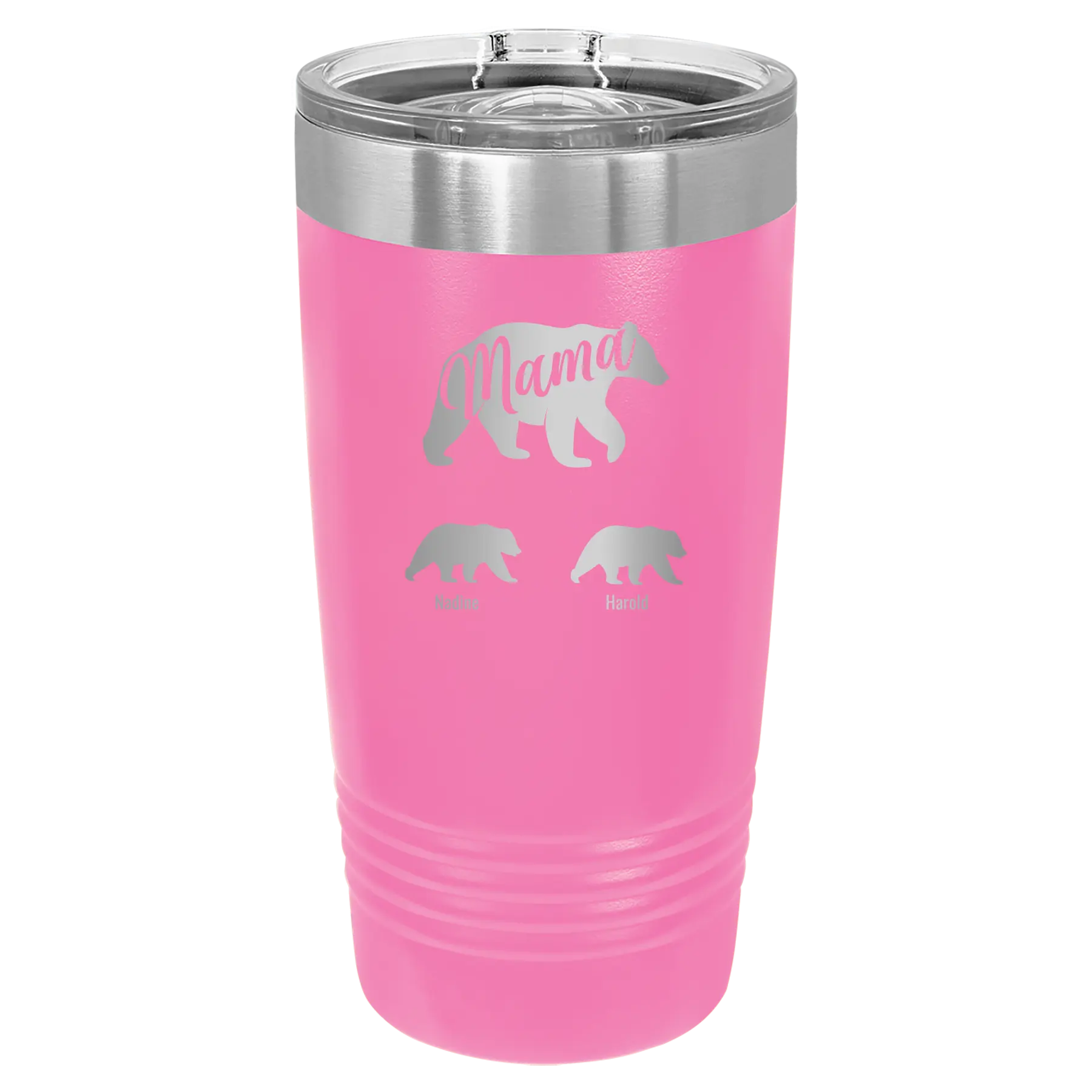 Personalized pink 20 oz vacuum insulated tumbler with 'Mama Bear 2 Baby Bears' design