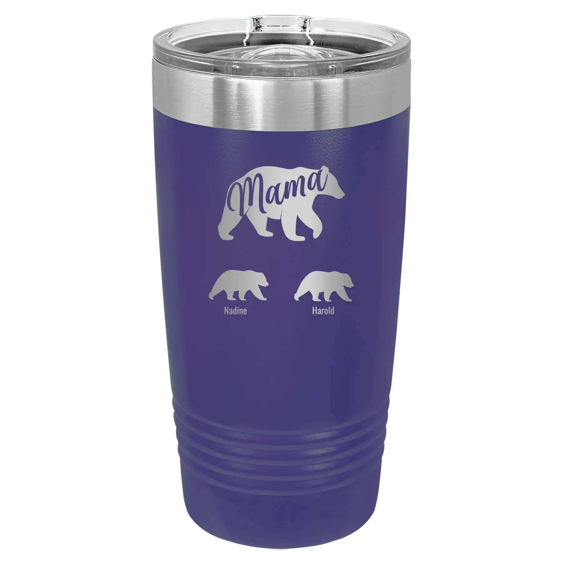 Personalized purple 20 oz vacuum insulated tumbler with 'Mama Bear 2 Baby Bears' design