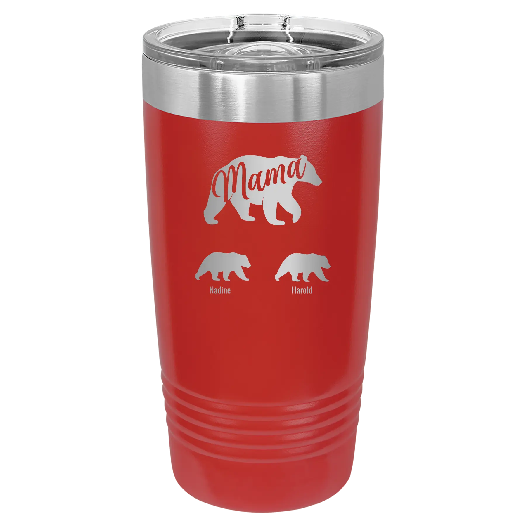 Personalized red 20 oz vacuum insulated tumbler with 'Mama Bear 2 Baby Bears' design