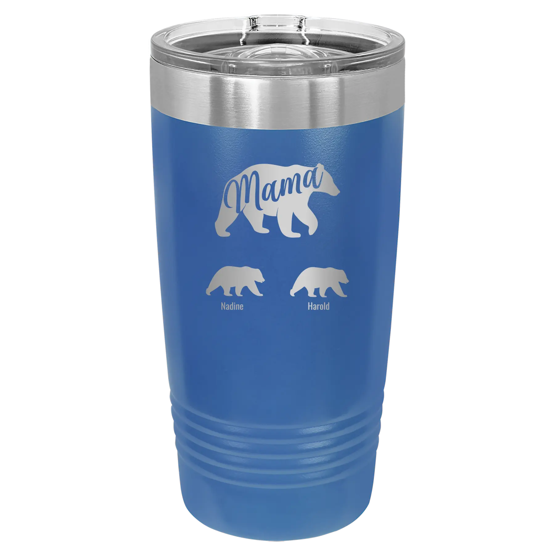 Personalized royal blue 20 oz vacuum insulated tumbler with 'Mama Bear 2 Baby Bears' design