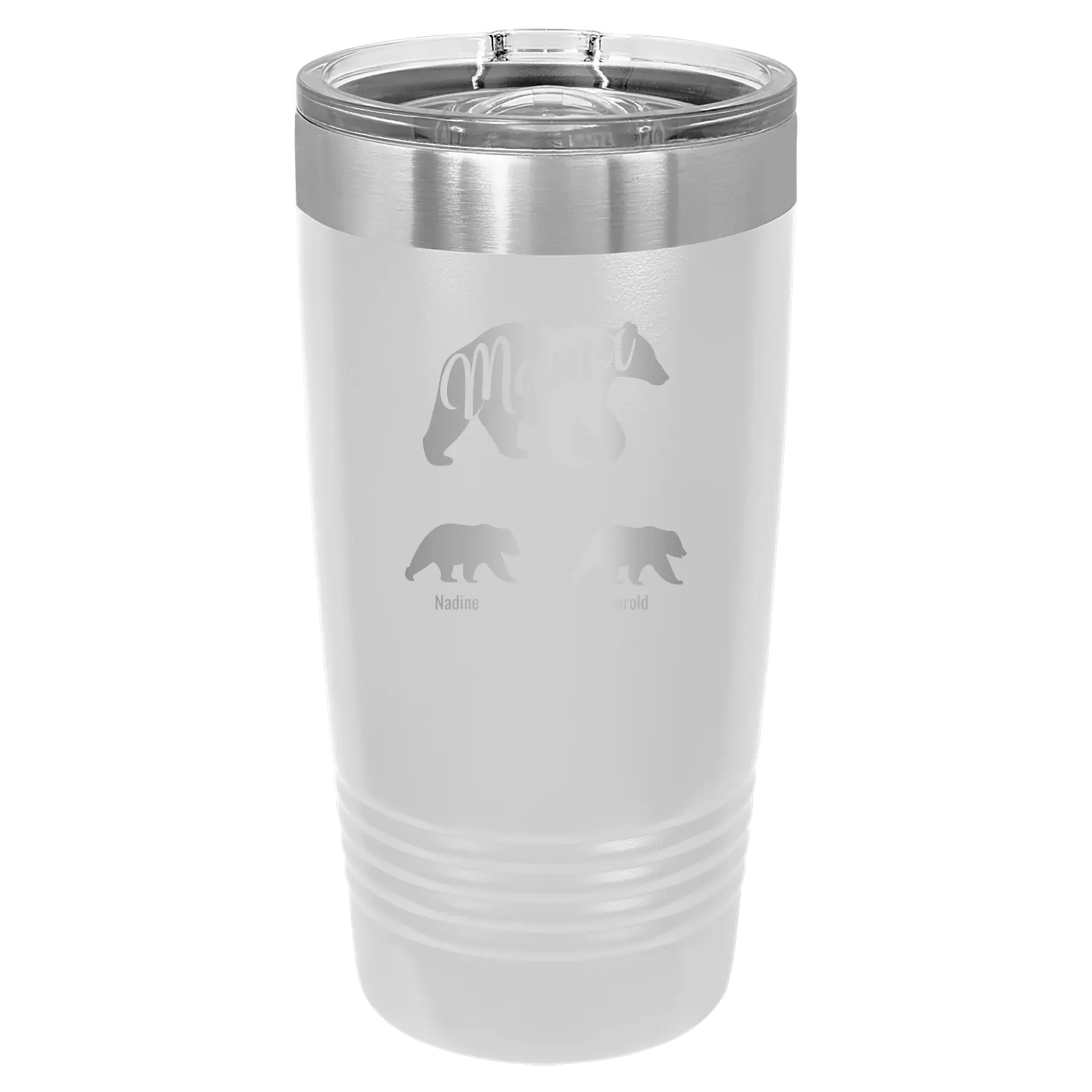 Personalized white 20 oz vacuum insulated tumbler with 'Mama Bear 2 Baby Bears' design