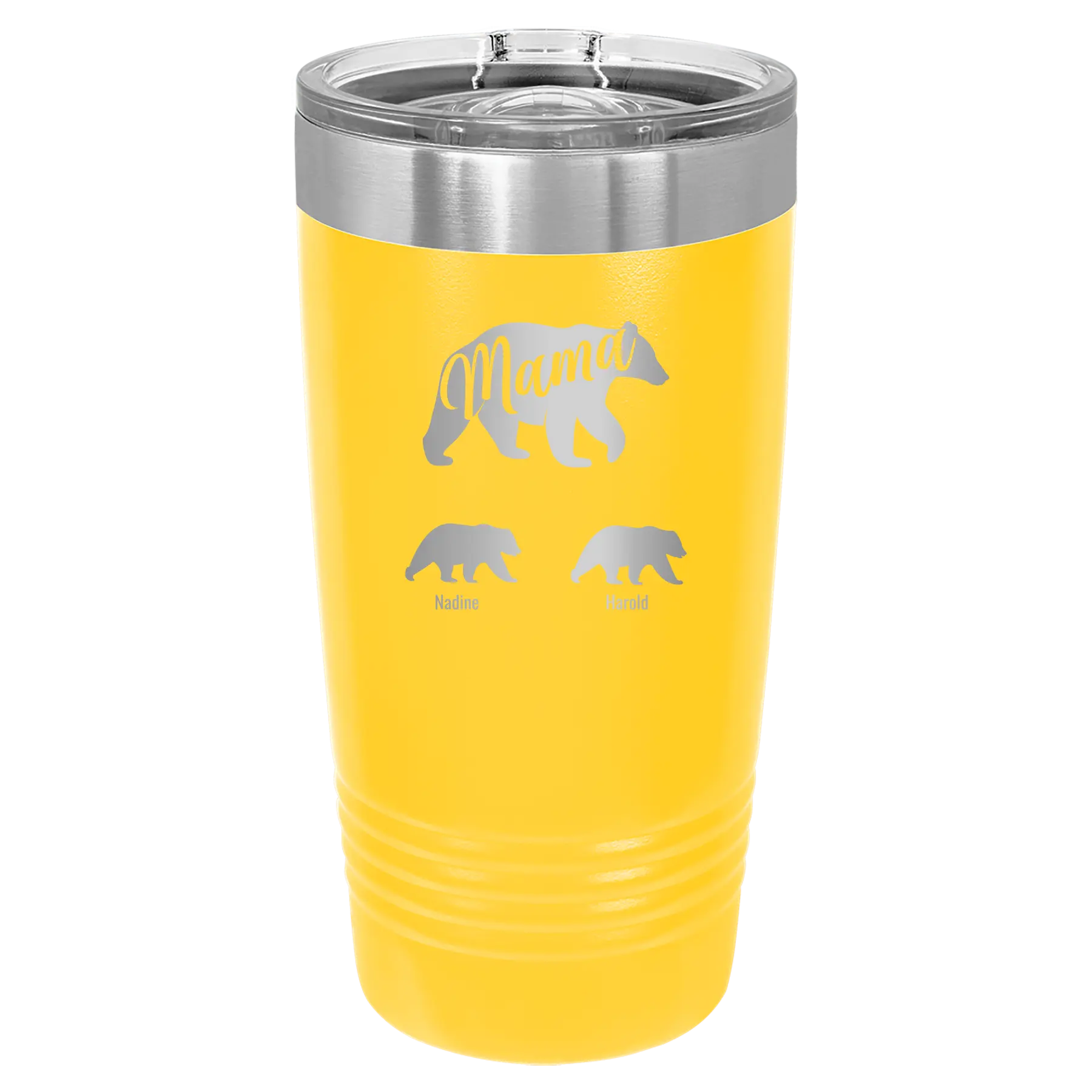 Personalized yellow 20 oz vacuum insulated tumbler with 'Mama Bear 2 Baby Bears' design