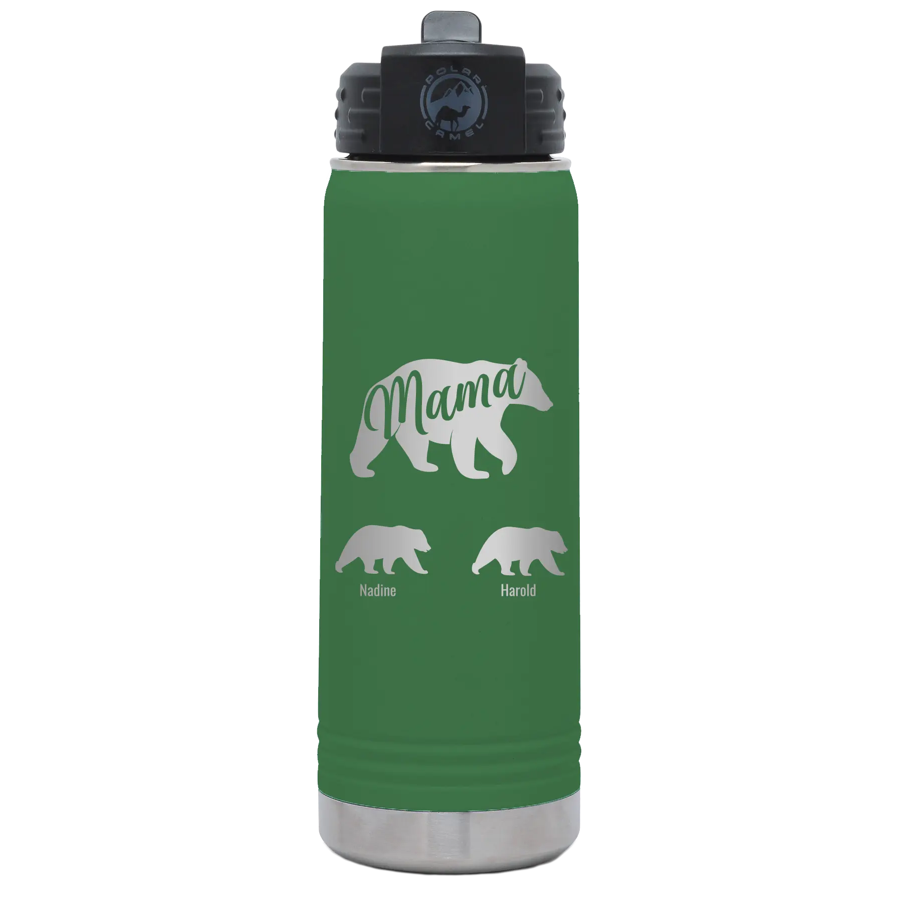 Personalized green 20 oz vacuum insulated water bottle with 'Mama Bear 2 Baby Bears' design