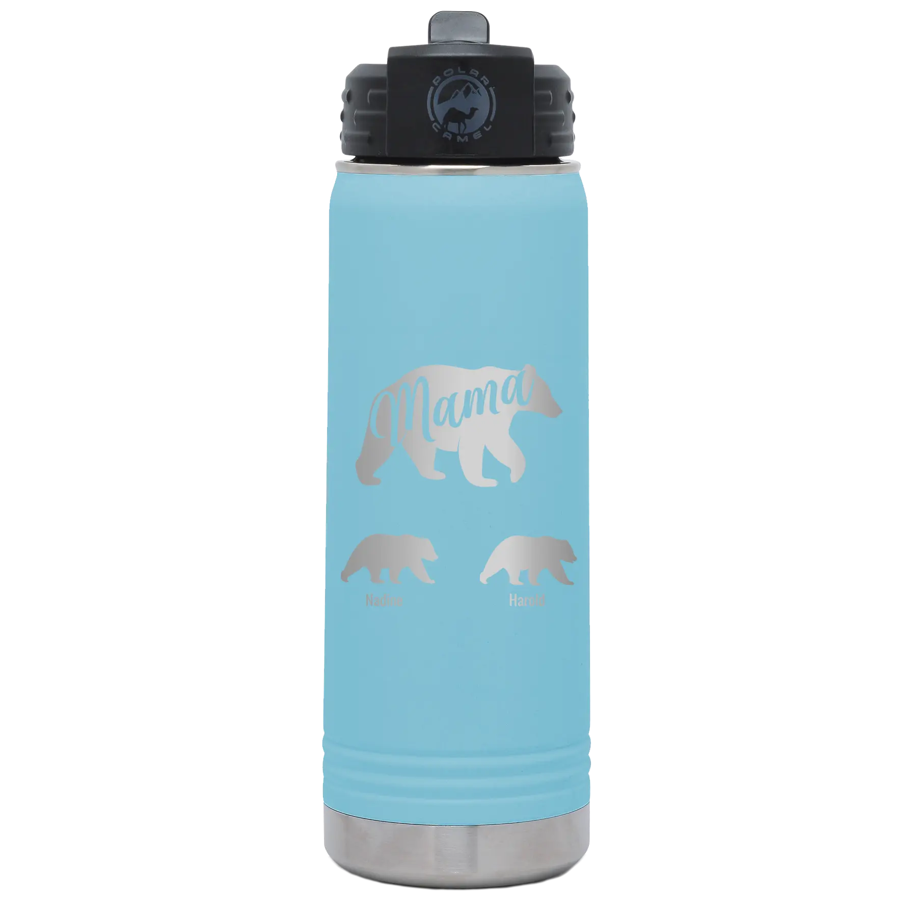 Personalized light blue 20 oz vacuum insulated water bottle with 'Mama Bear 2 Baby Bears' design