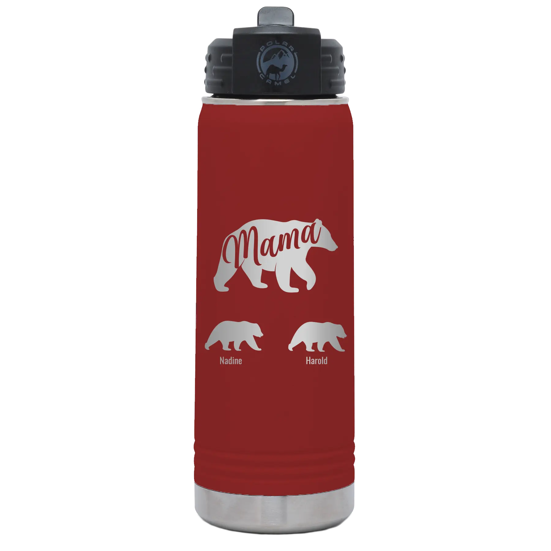 Personalized maroon 20 oz vacuum insulated water bottle with 'Mama Bear 2 Baby Bears' design