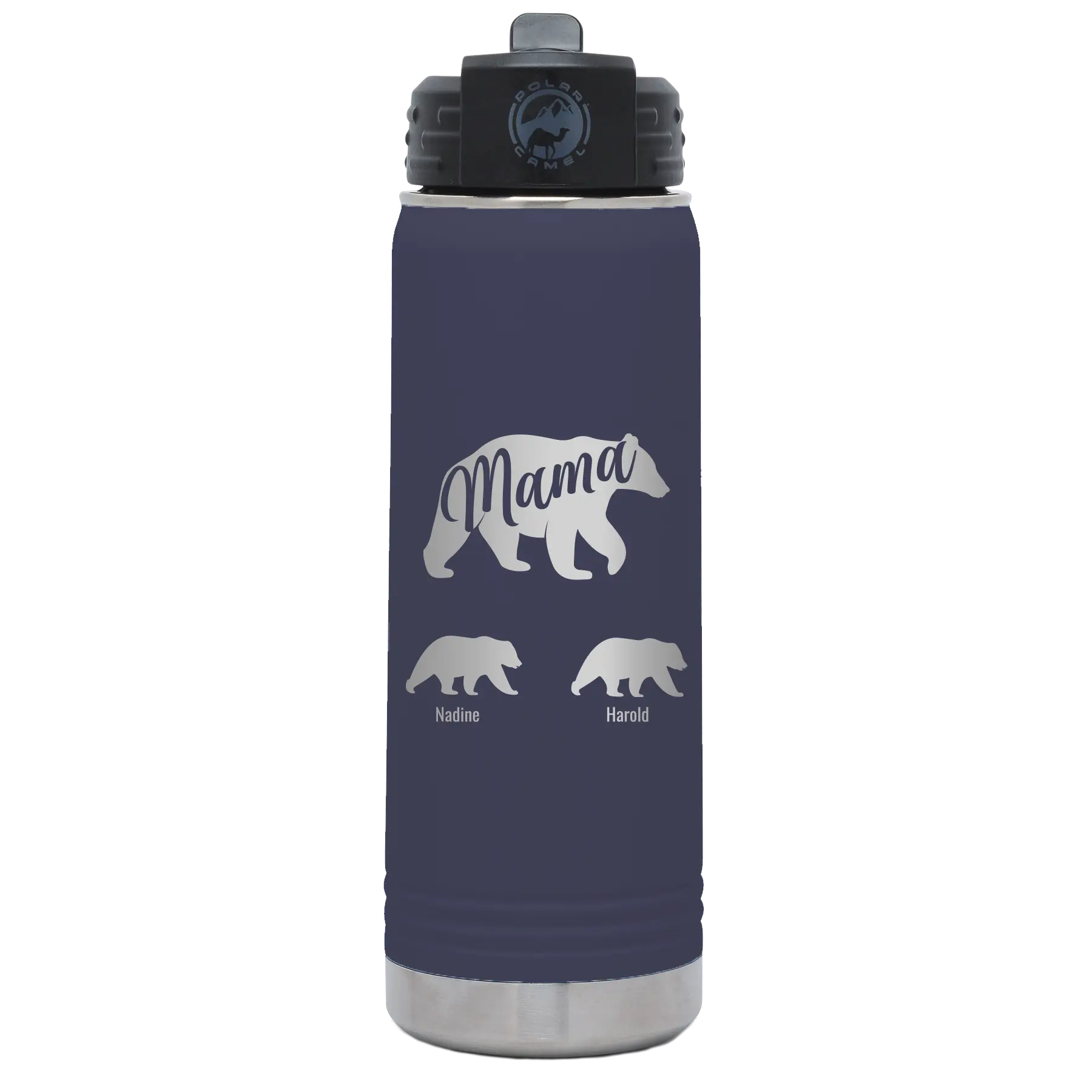 Personalized navy 20 oz vacuum insulated water bottle with 'Mama Bear 2 Baby Bears' design