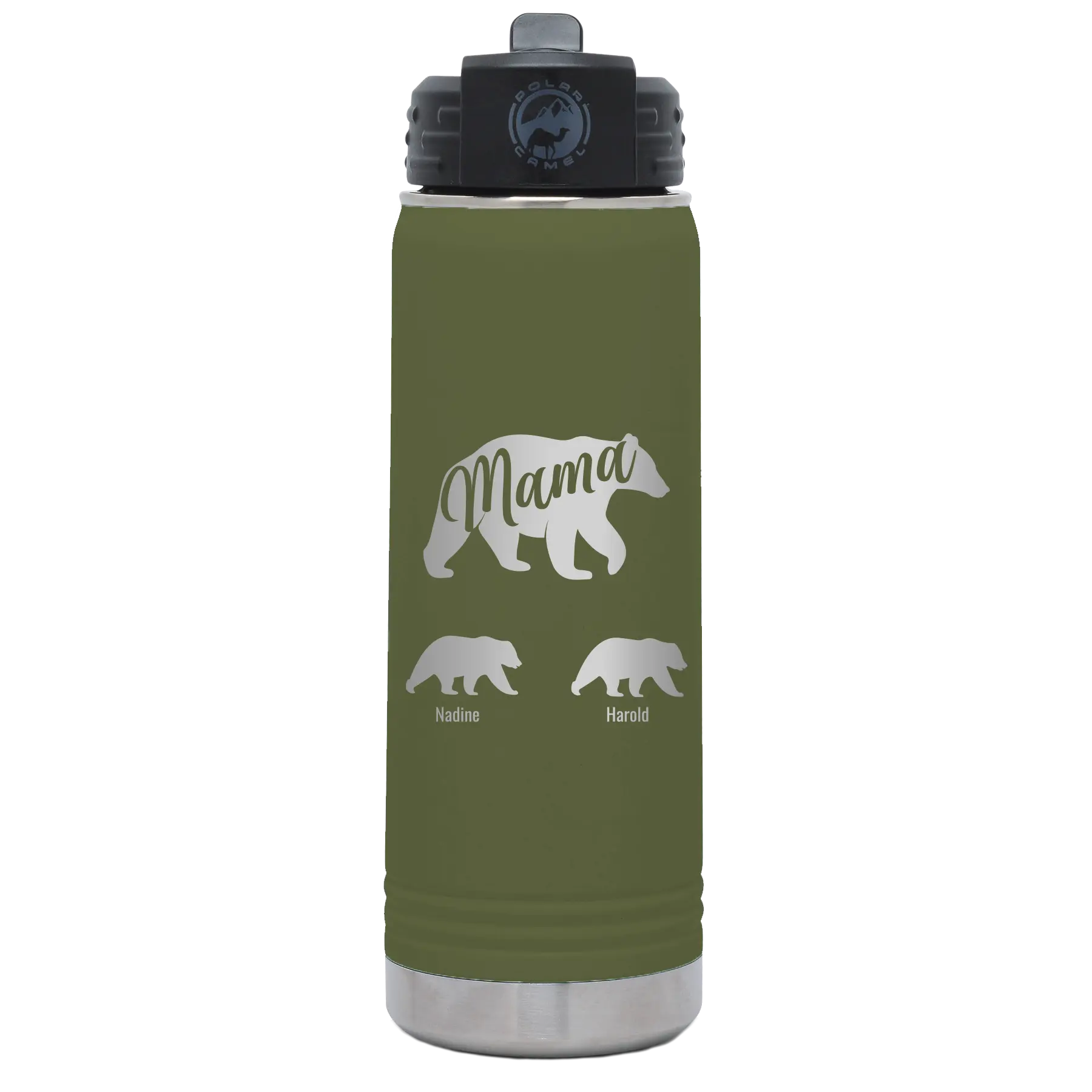Personalized olive green 20 oz vacuum insulated water bottle with 'Mama Bear 2 Baby Bears' design