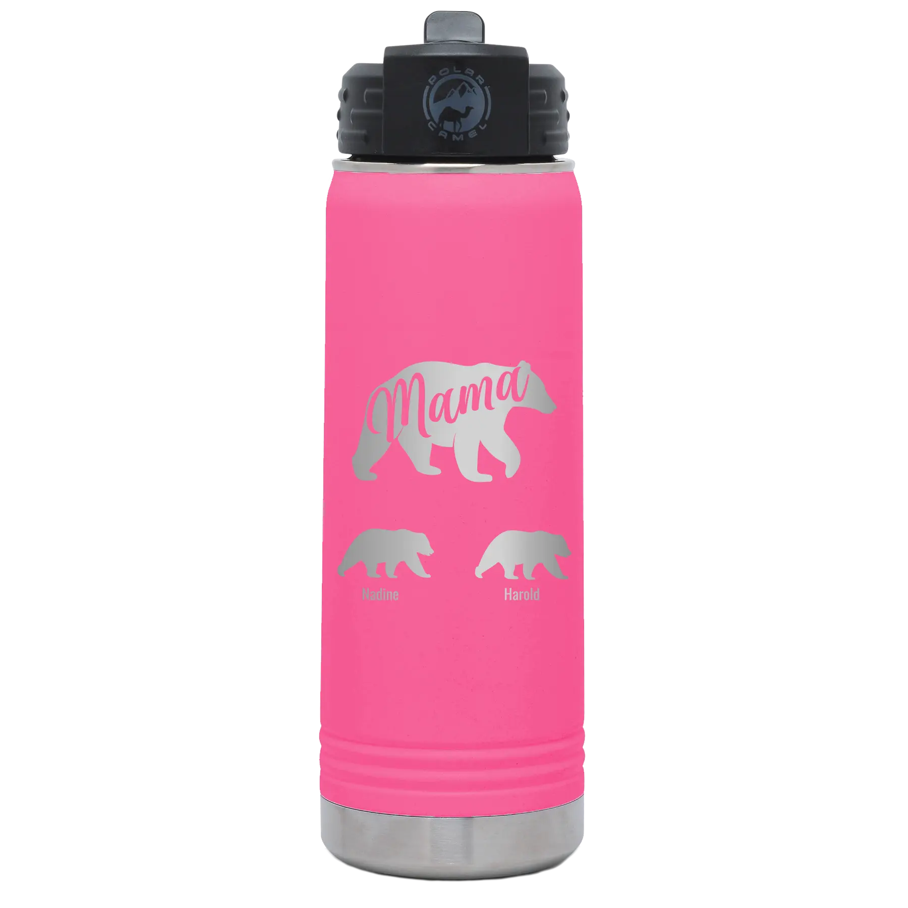 Personalized pink 20 oz vacuum insulated water bottle with 'Mama Bear 2 Baby Bears' design