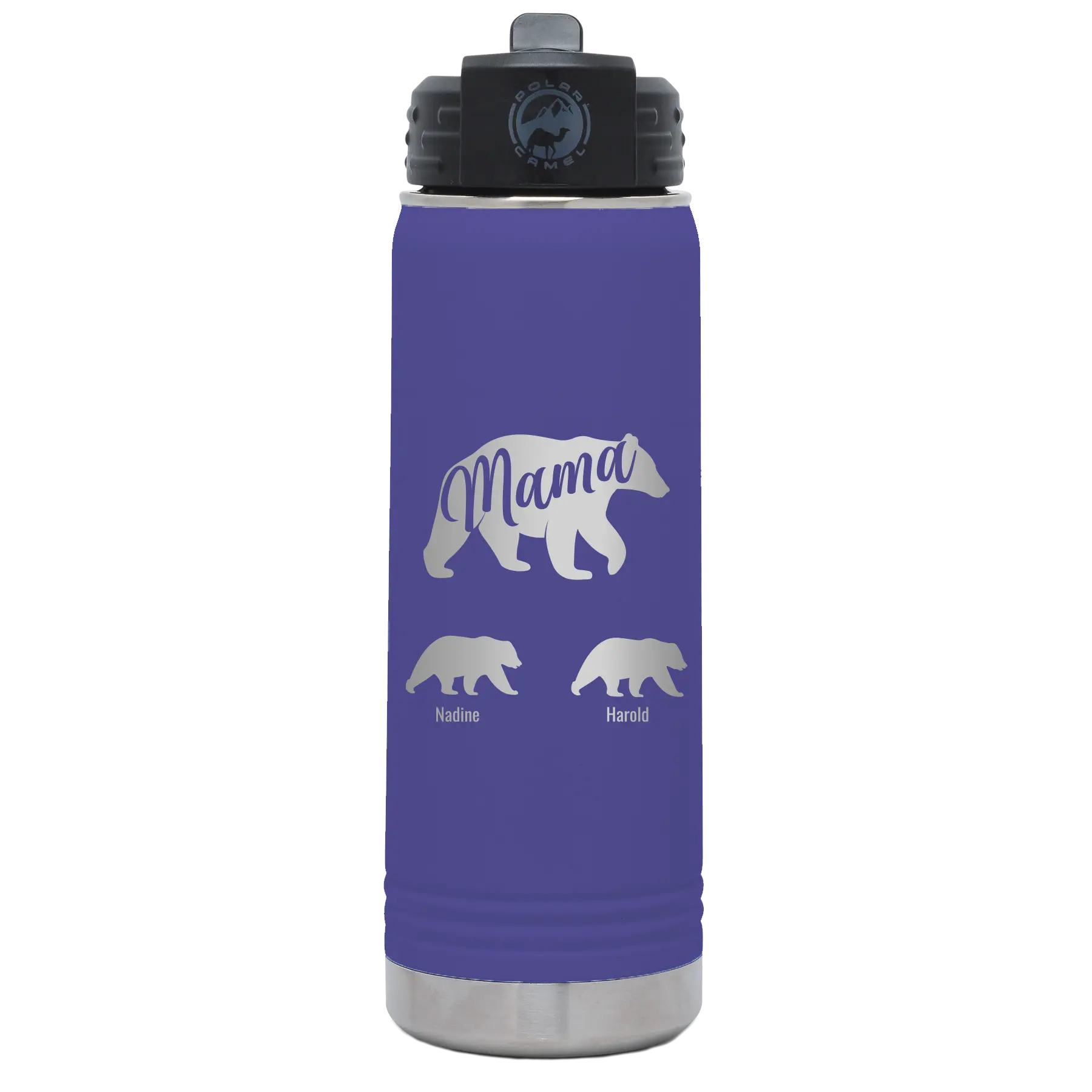 Personalized purple 20 oz vacuum insulated water bottle with 'Mama Bear 2 Baby Bears' design