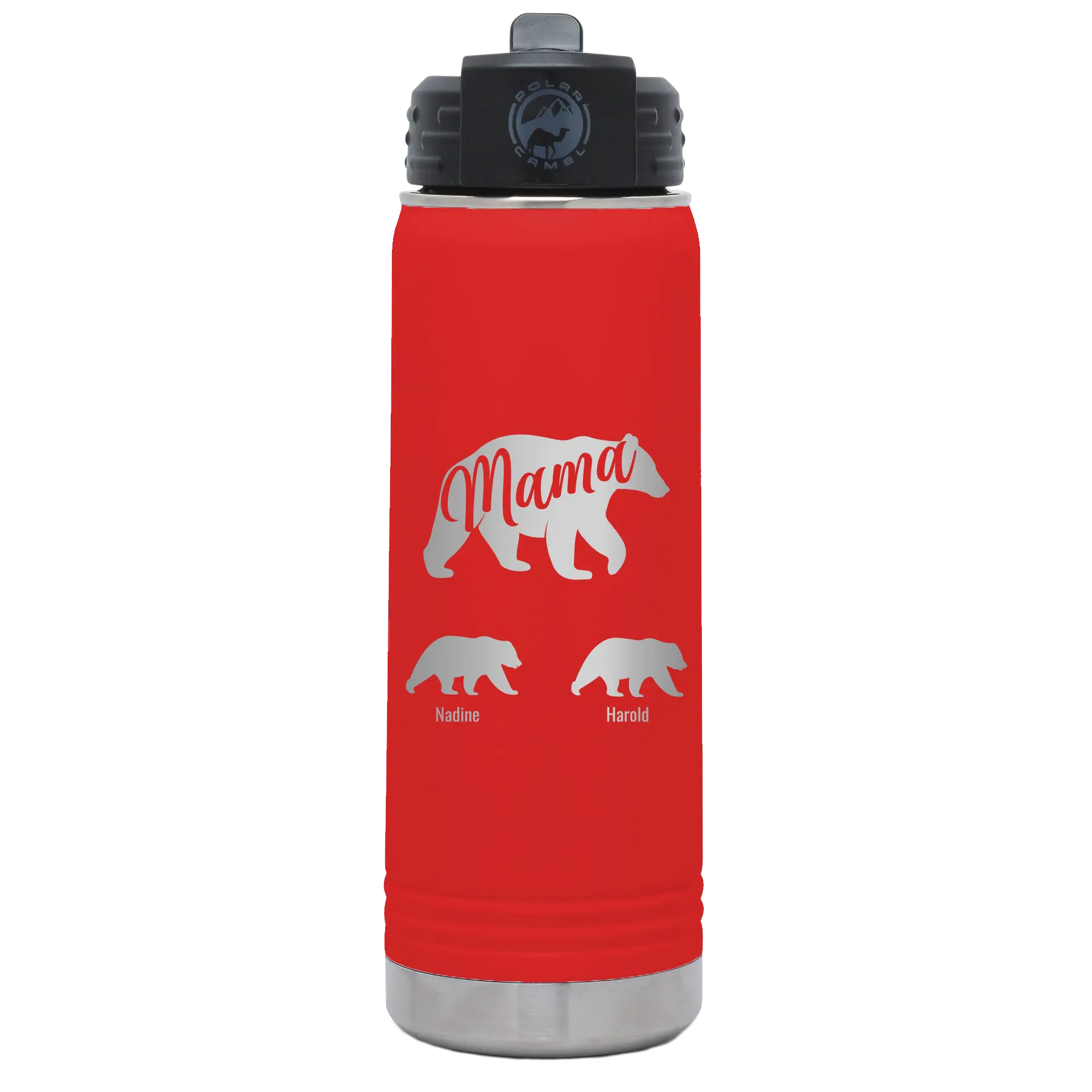 Personalized red 20 oz vacuum insulated water bottle with 'Mama Bear 2 Baby Bears' design