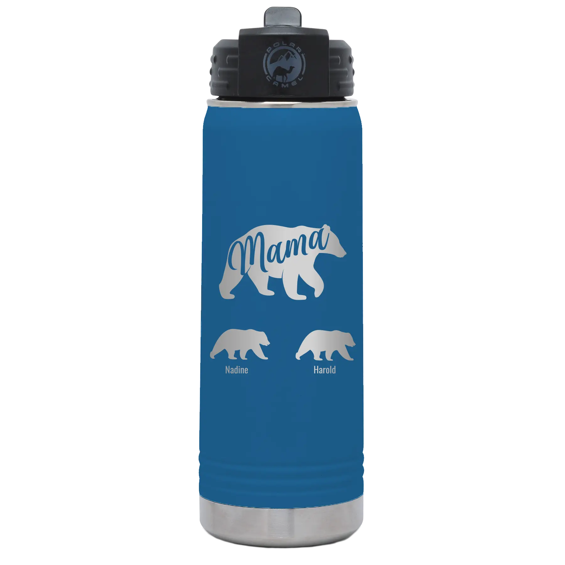 Personalized royal blue 20 oz vacuum insulated water bottle with 'Mama Bear 2 Baby Bears' design