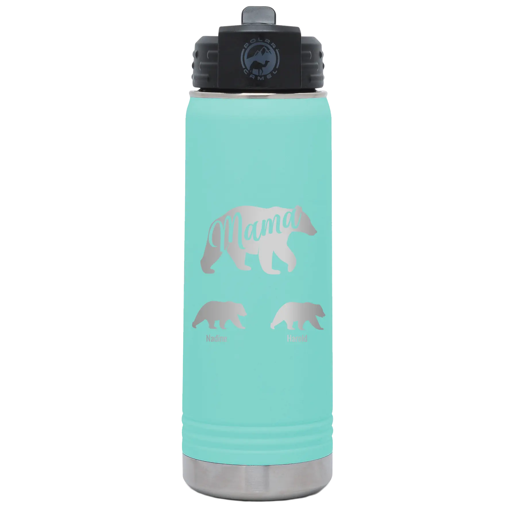 Personalized teal 20 oz vacuum insulated water bottle with 'Mama Bear 2 Baby Bears' design