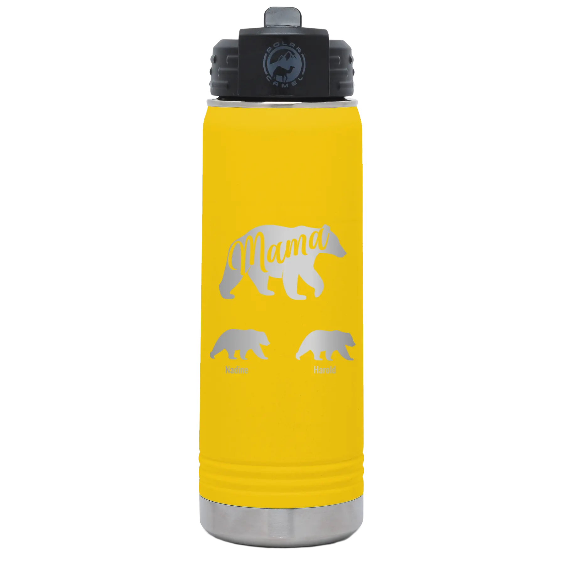 Personalized yellow 20 oz vacuum insulated water bottle with 'Mama Bear 2 Baby Bears' design