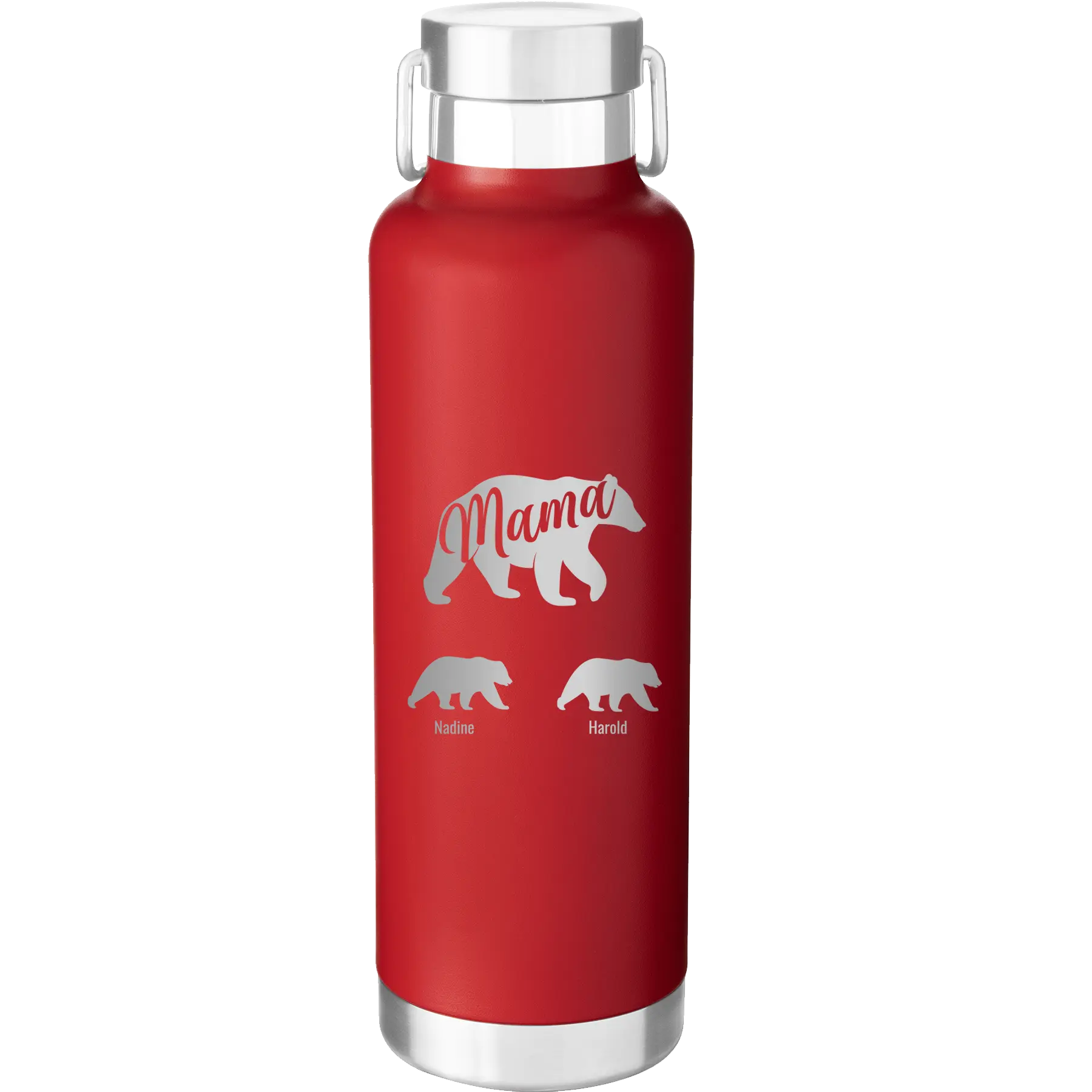 Personalized red 24 oz vacuum insulated water bottle with 'Mama Bear 2 Baby Bears' design