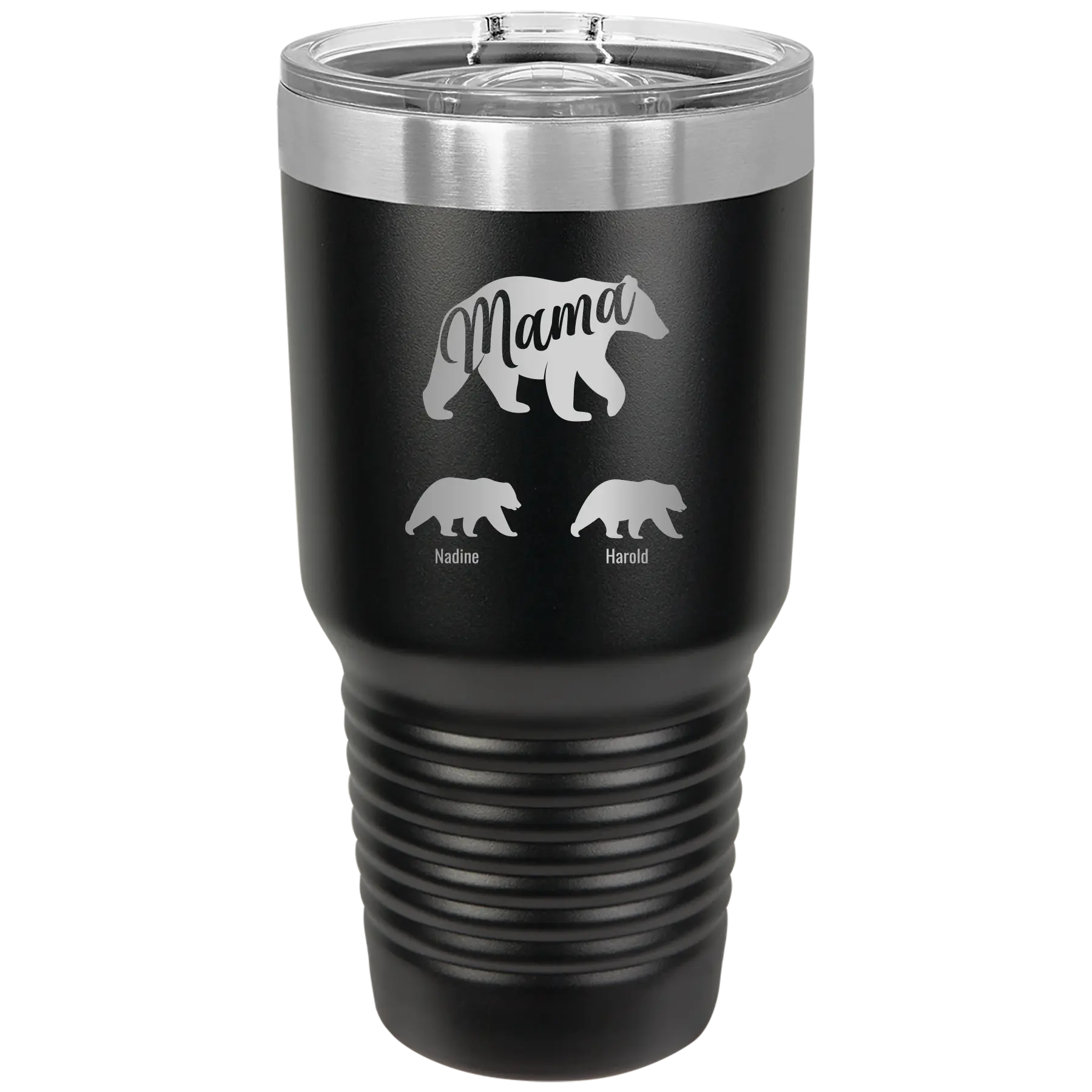 Personalized black 30 oz vacuum insulated tumbler with 'Mama Bear 2 Baby Bears' design