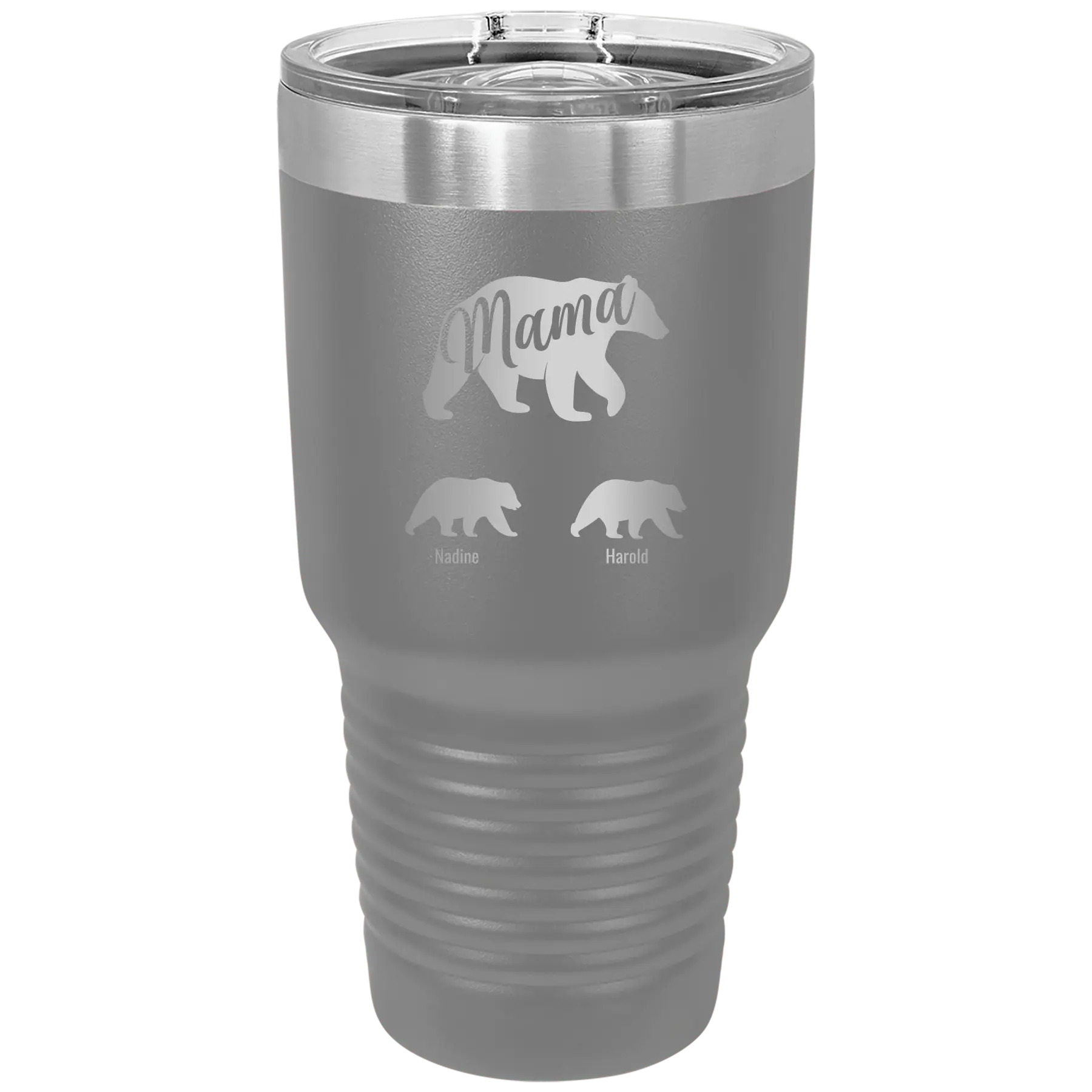 Personalized dark gray 30 oz vacuum insulated tumbler with 'Mama Bear 2 Baby Bears' design