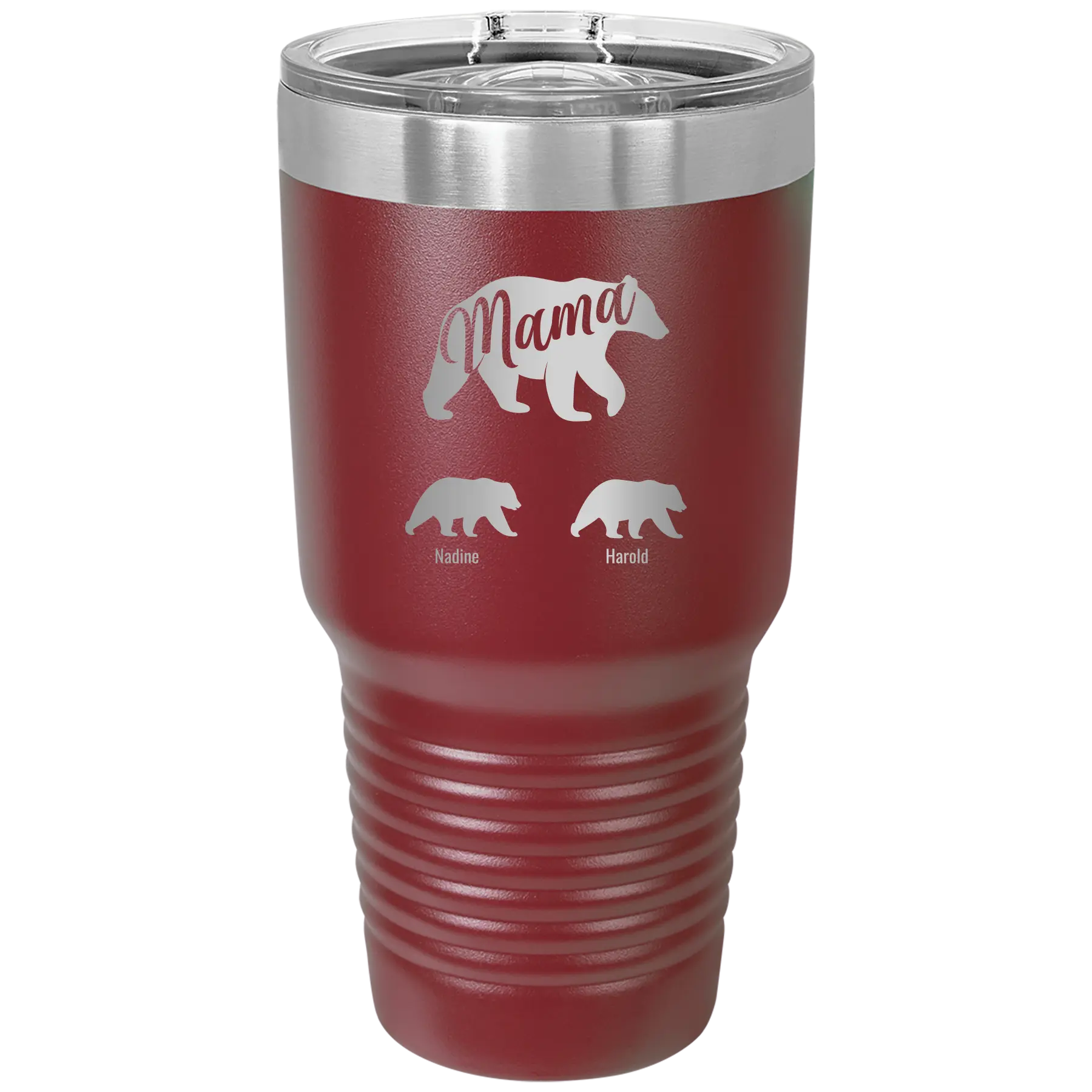 Personalized maroon 30 oz vacuum insulated tumbler with 'Mama Bear 2 Baby Bears' design