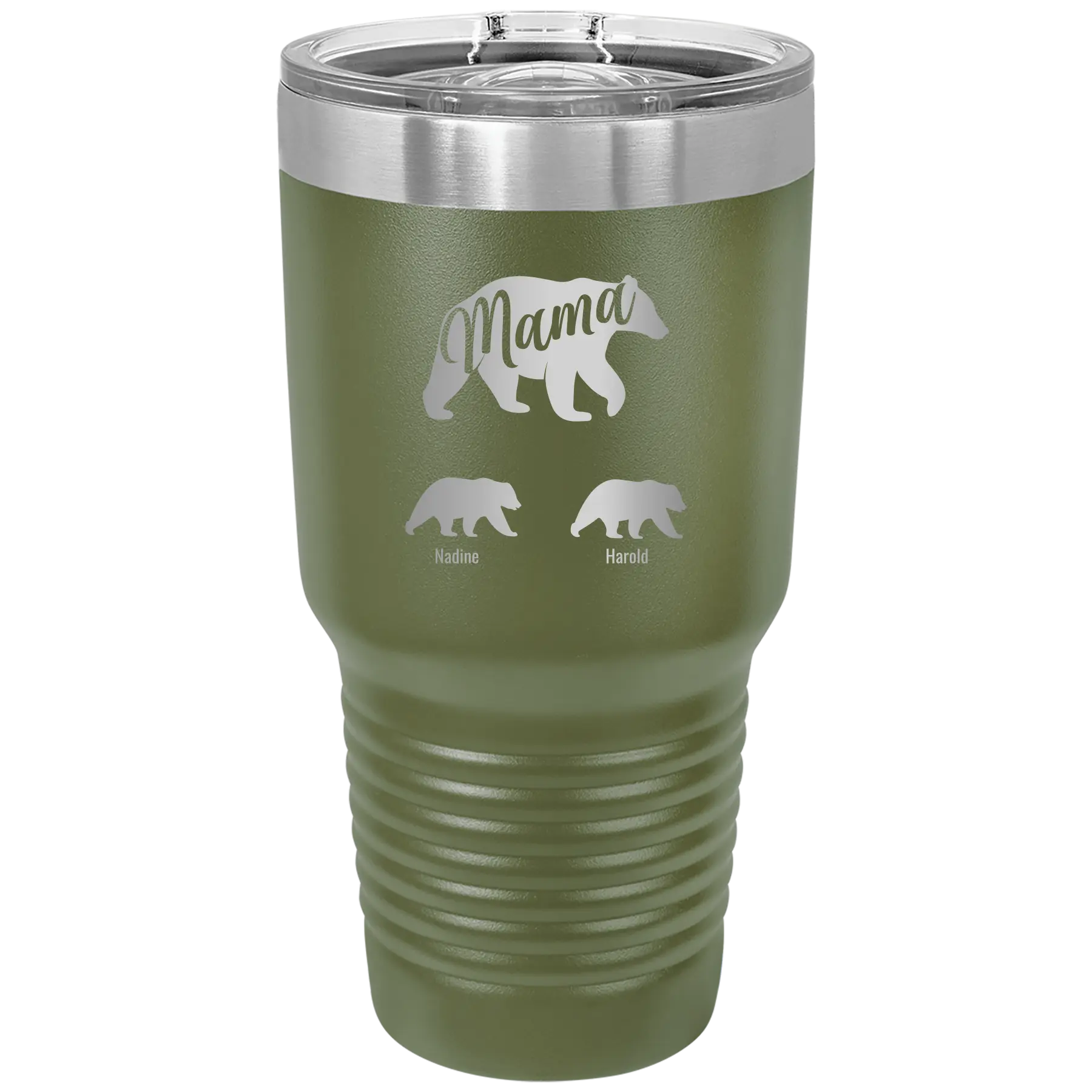 Personalized olive green 30 oz vacuum insulated tumbler with 'Mama Bear 2 Baby Bears' design