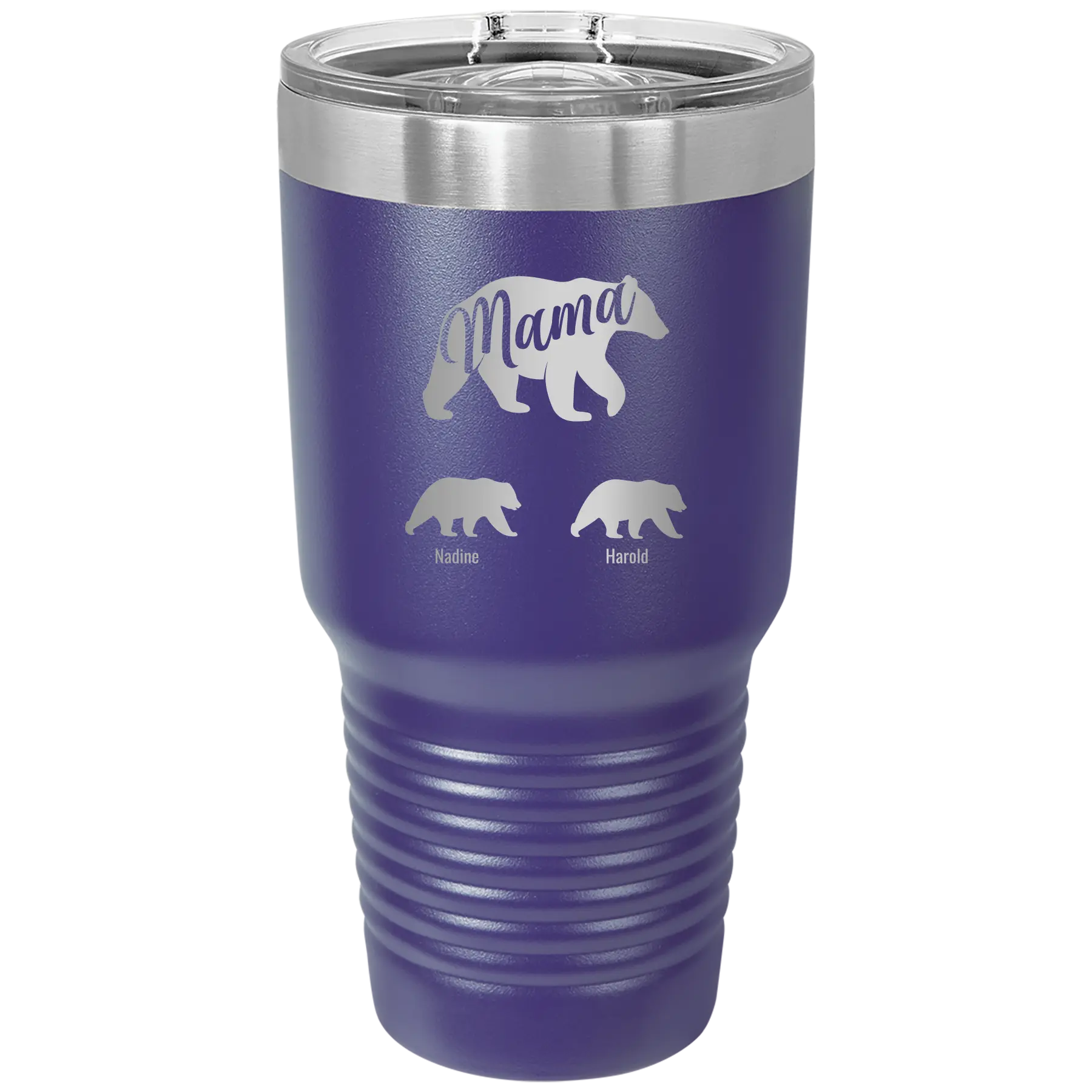 Personalized purple 30 oz vacuum insulated tumbler with 'Mama Bear 2 Baby Bears' design