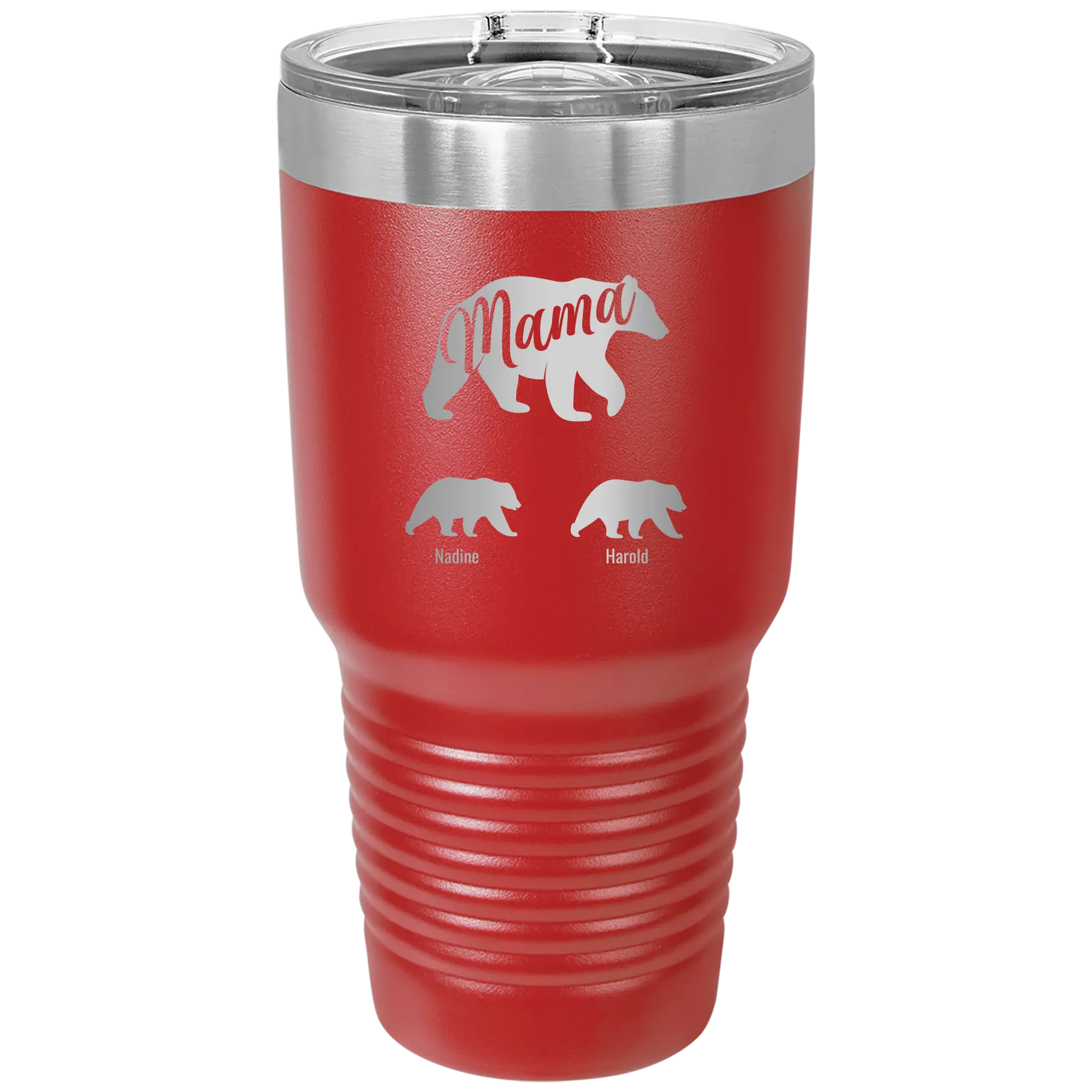 Personalized red 30 oz vacuum insulated tumbler with 'Mama Bear 2 Baby Bears' design