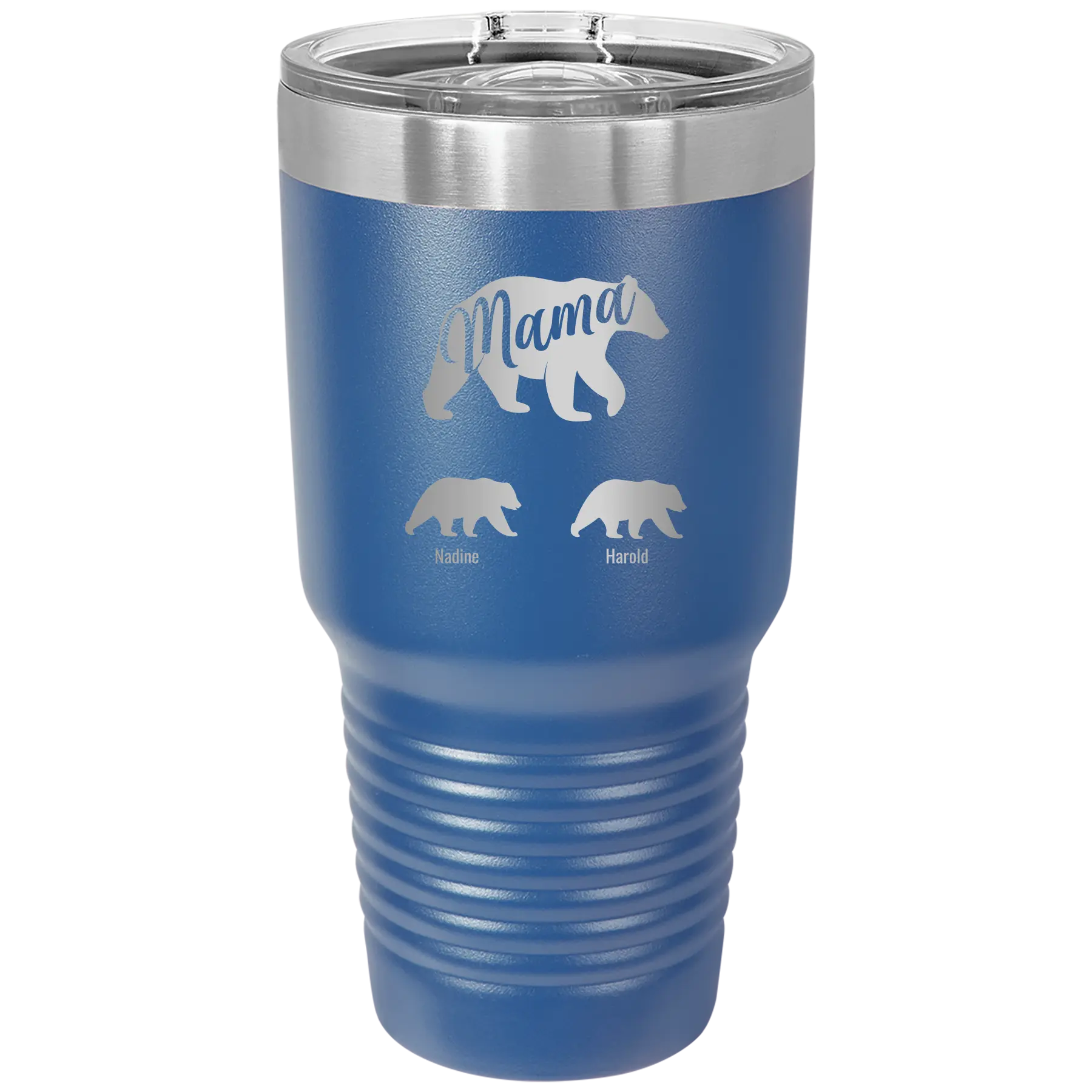 Personalized royal blue 30 oz vacuum insulated tumbler with 'Mama Bear 2 Baby Bears' design