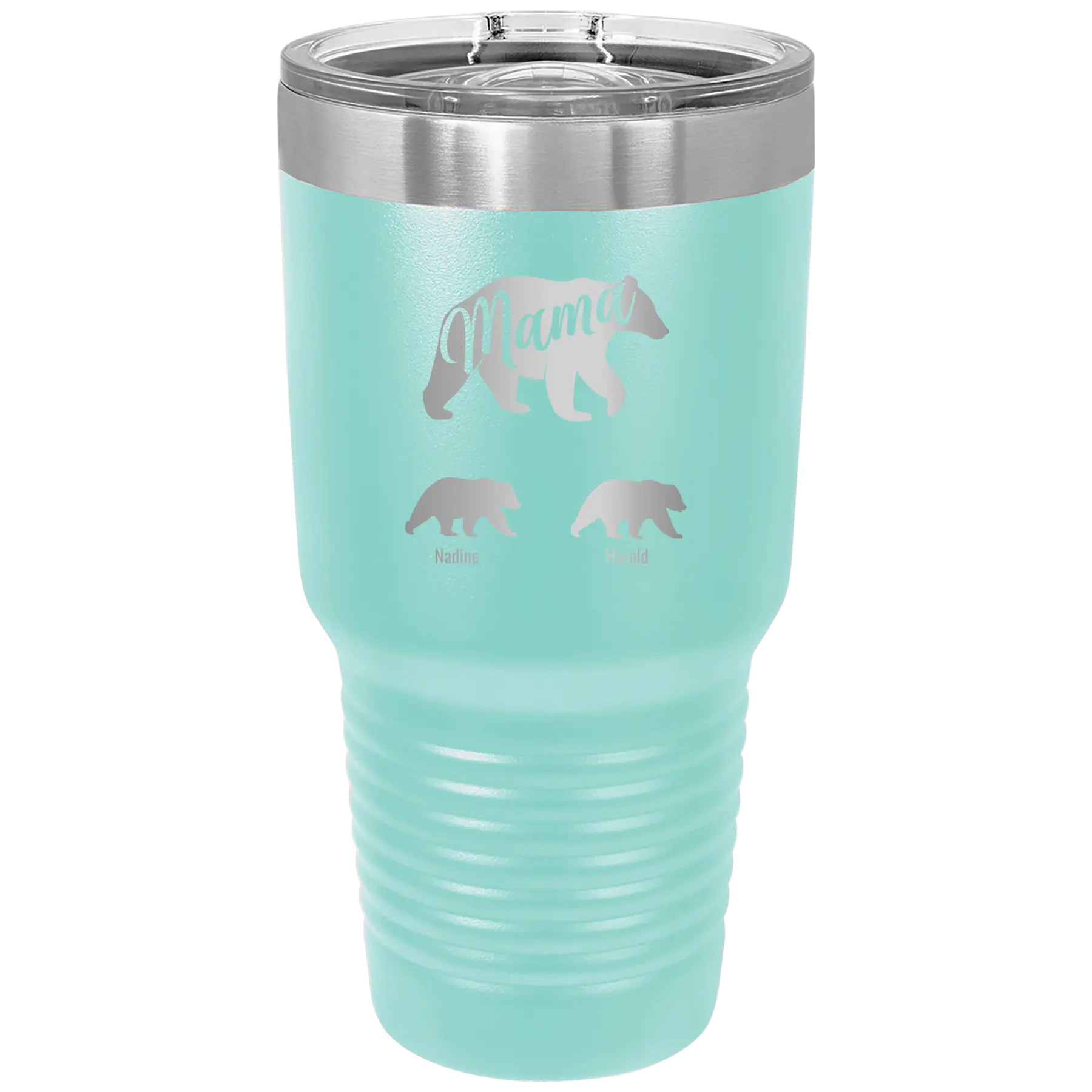Personalized teal 30 oz vacuum insulated tumbler with 'Mama Bear 2 Baby Bears' design
