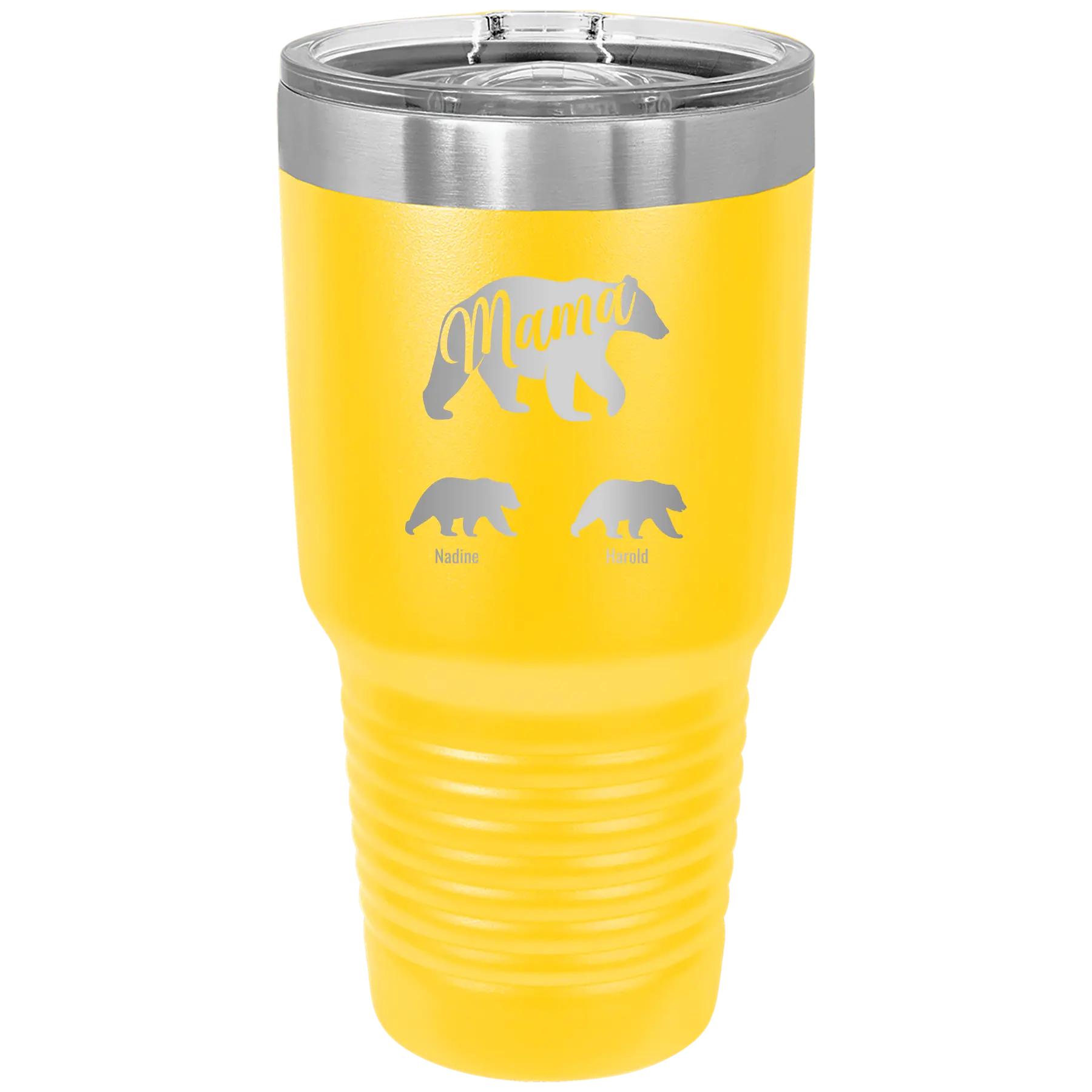 Personalized yellow 30 oz vacuum insulated tumbler with 'Mama Bear 2 Baby Bears' design