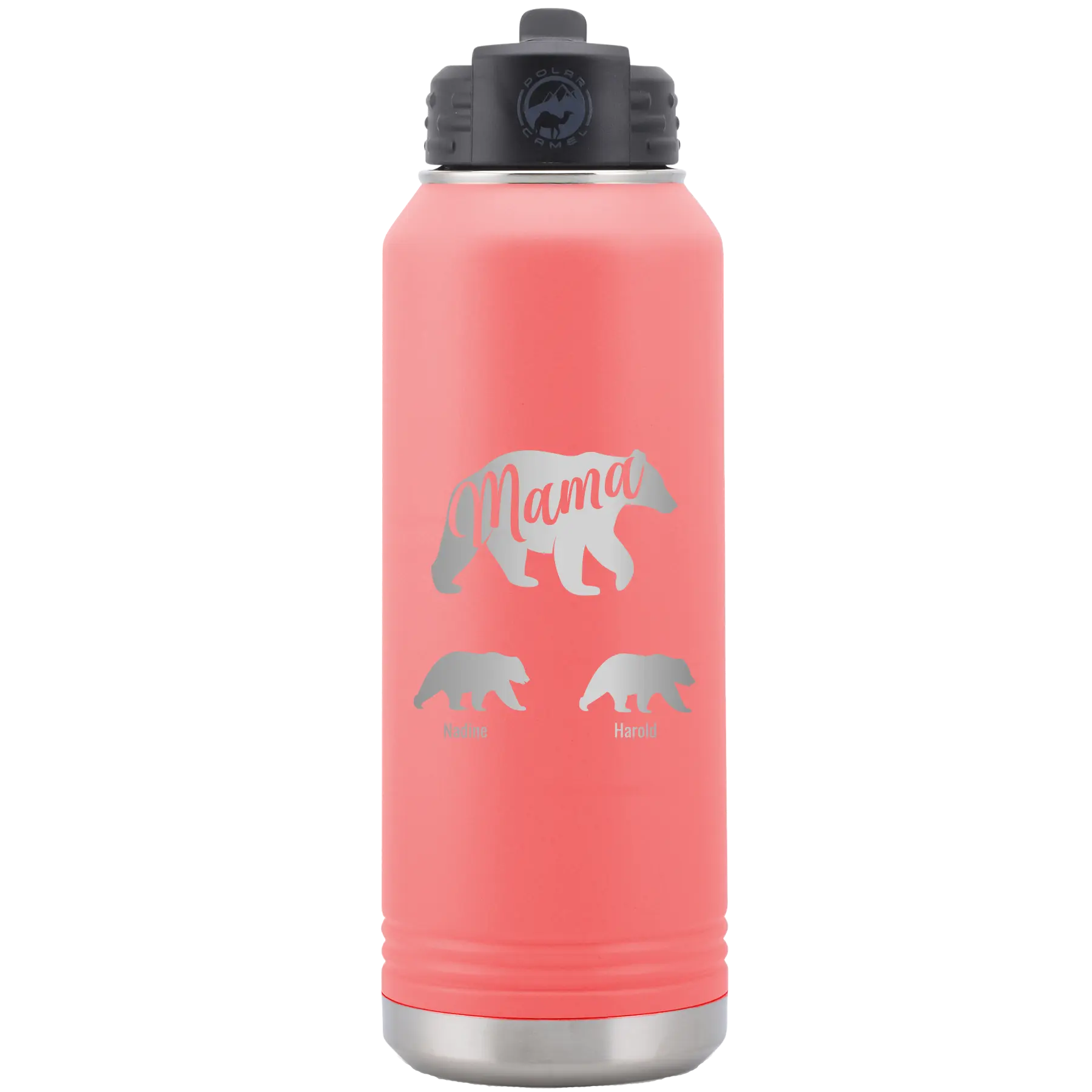 Personalized coral 32 oz vacuum insulated water bottle with 'Mama Bear 2 Baby Bears' design