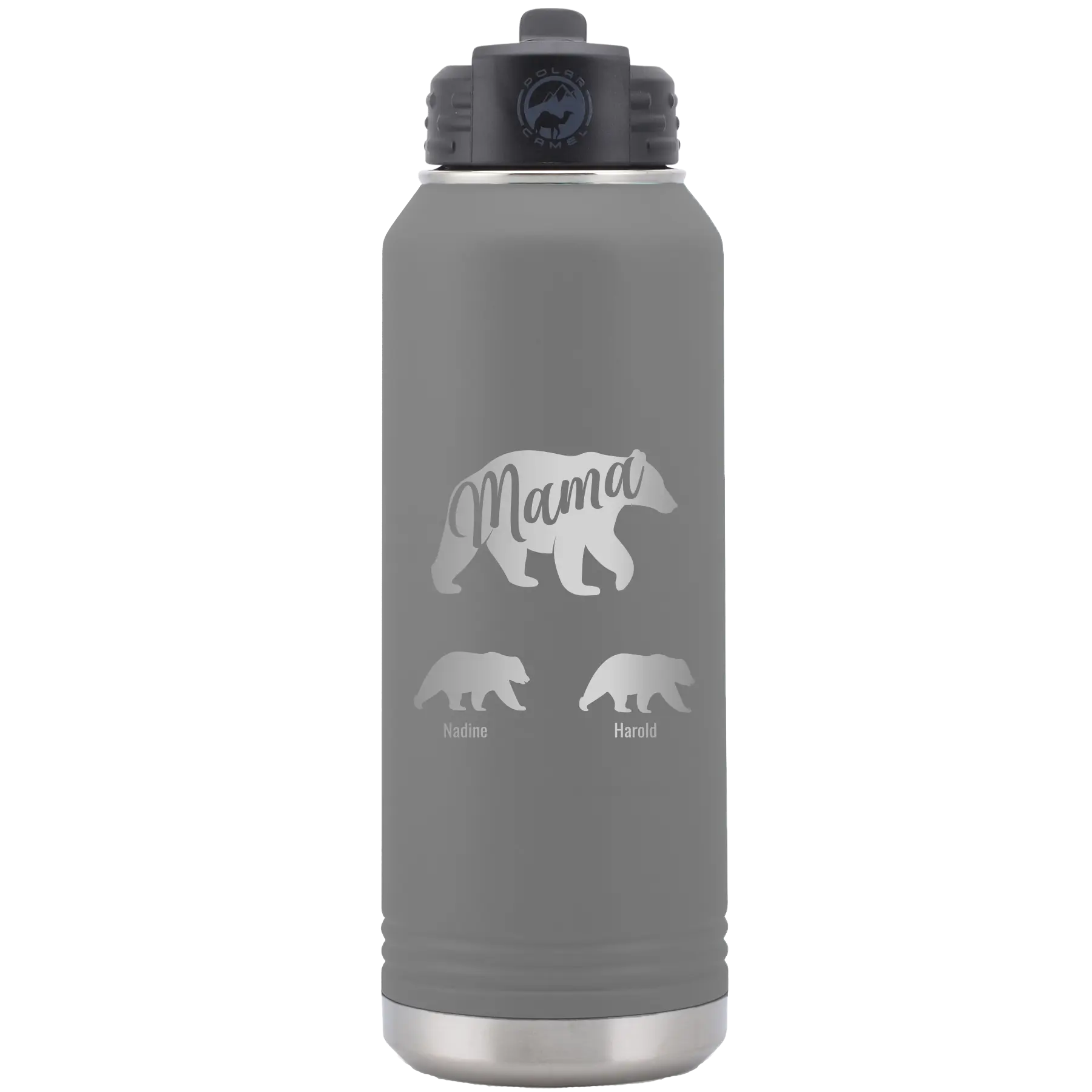 Personalized dark gray 32 oz vacuum insulated water bottle with 'Mama Bear 2 Baby Bears' design