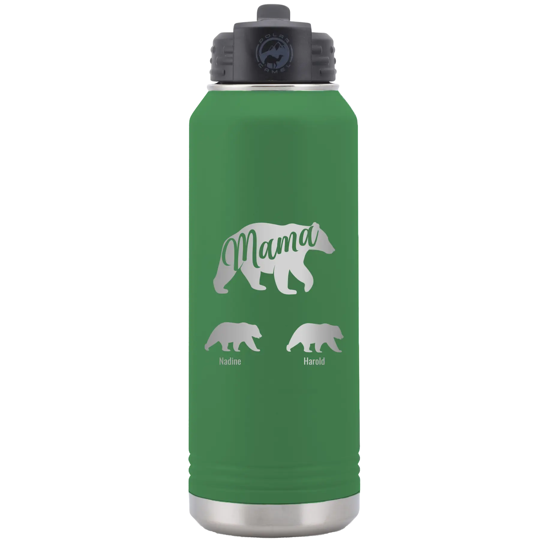 Personalized green 32 oz vacuum insulated water bottle with 'Mama Bear 2 Baby Bears' design
