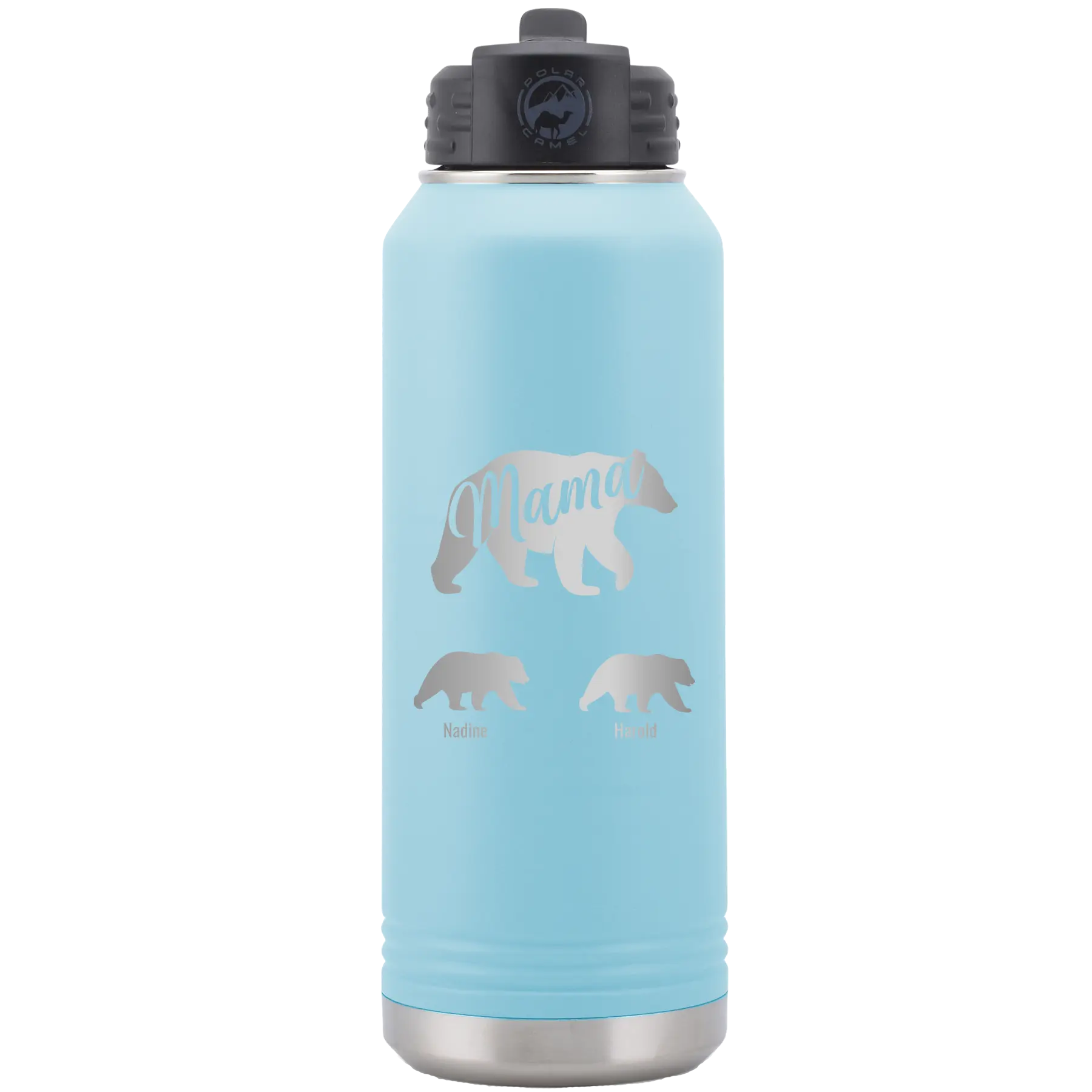 Personalized light blue 32 oz vacuum insulated water bottle with 'Mama Bear 2 Baby Bears' design