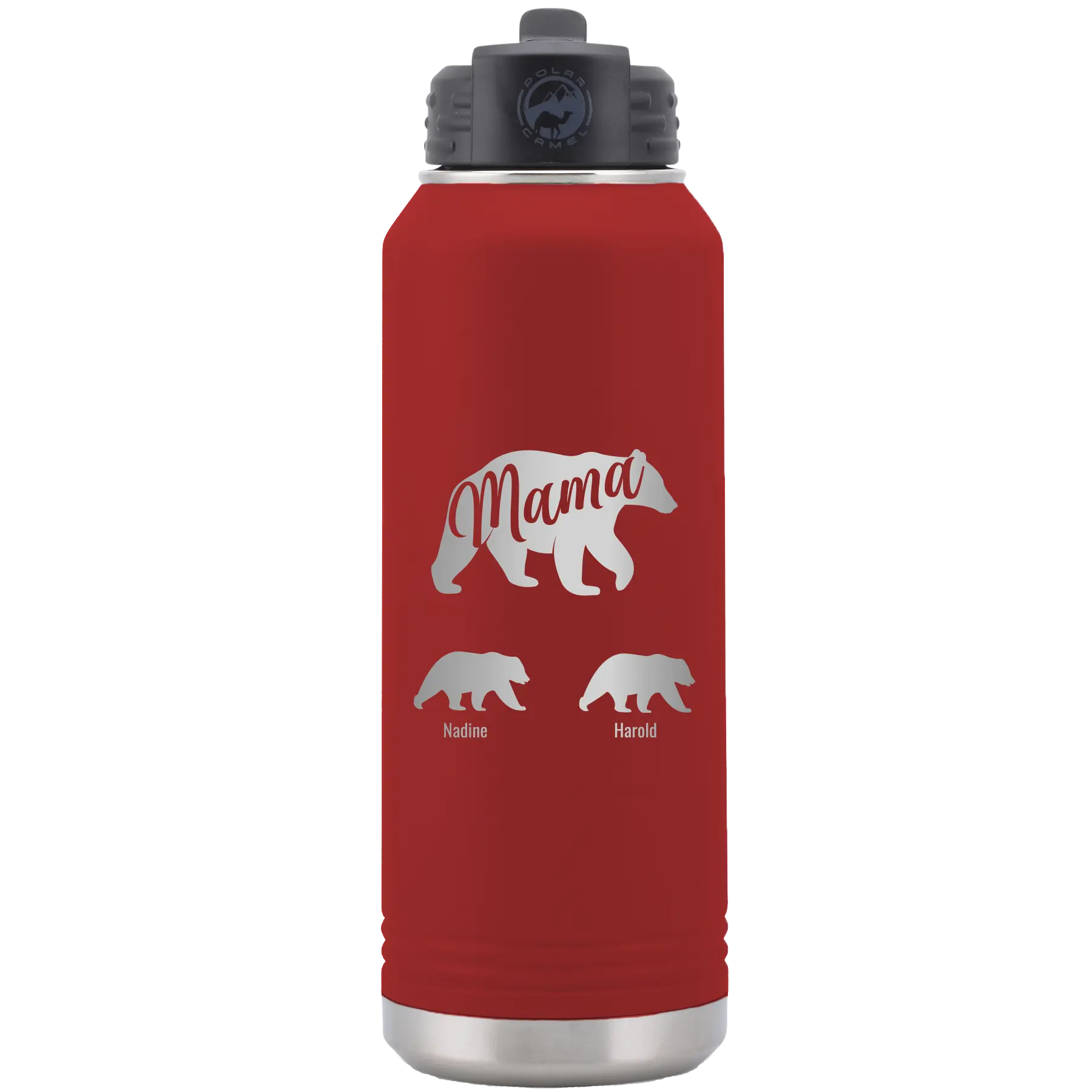 Personalized maroon 32 oz vacuum insulated water bottle with 'Mama Bear 2 Baby Bears' design
