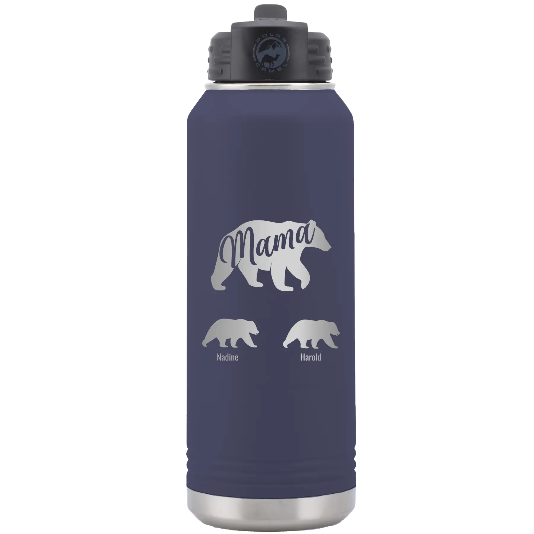 Personalized navy 32 oz vacuum insulated water bottle with 'Mama Bear 2 Baby Bears' design