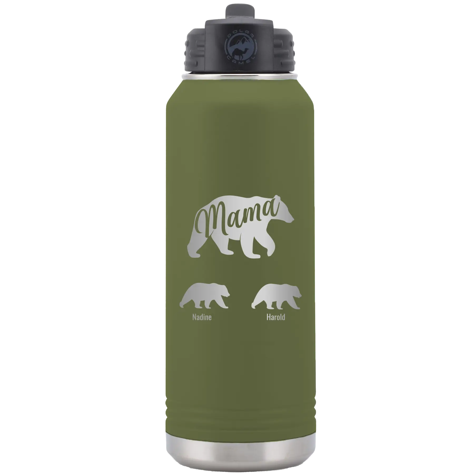 Personalized olive green 32 oz vacuum insulated water bottle with 'Mama Bear 2 Baby Bears' design