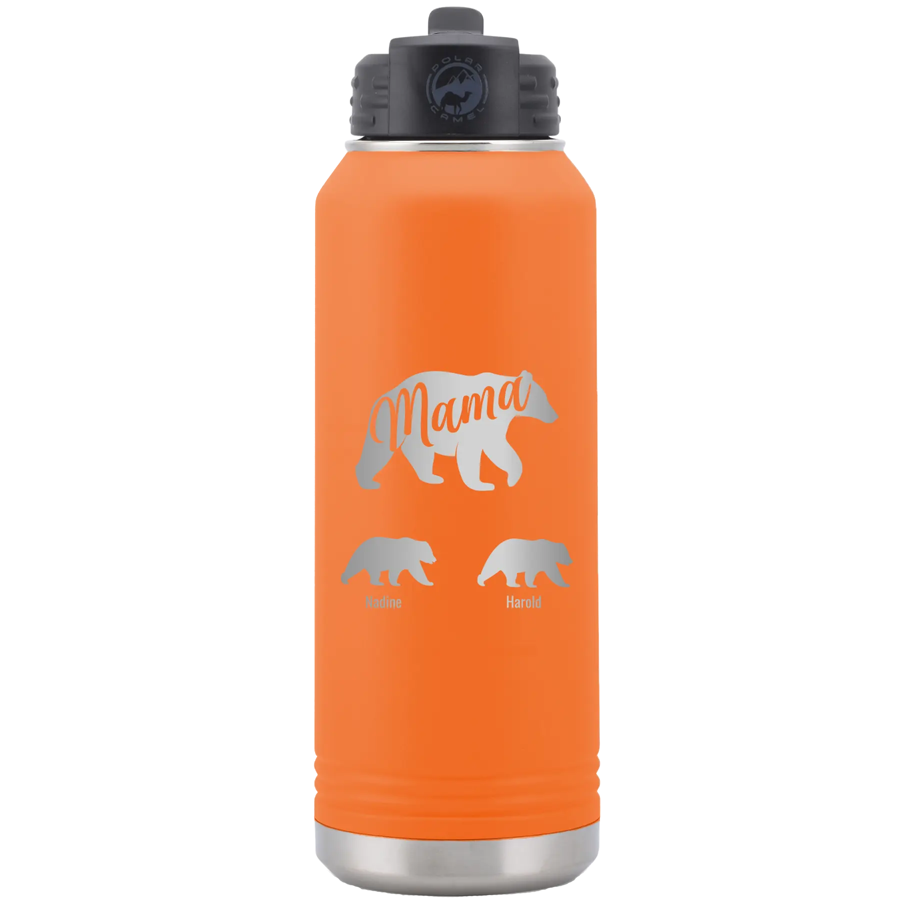 Personalized orange 32 oz vacuum insulated water bottle with 'Mama Bear 2 Baby Bears' design