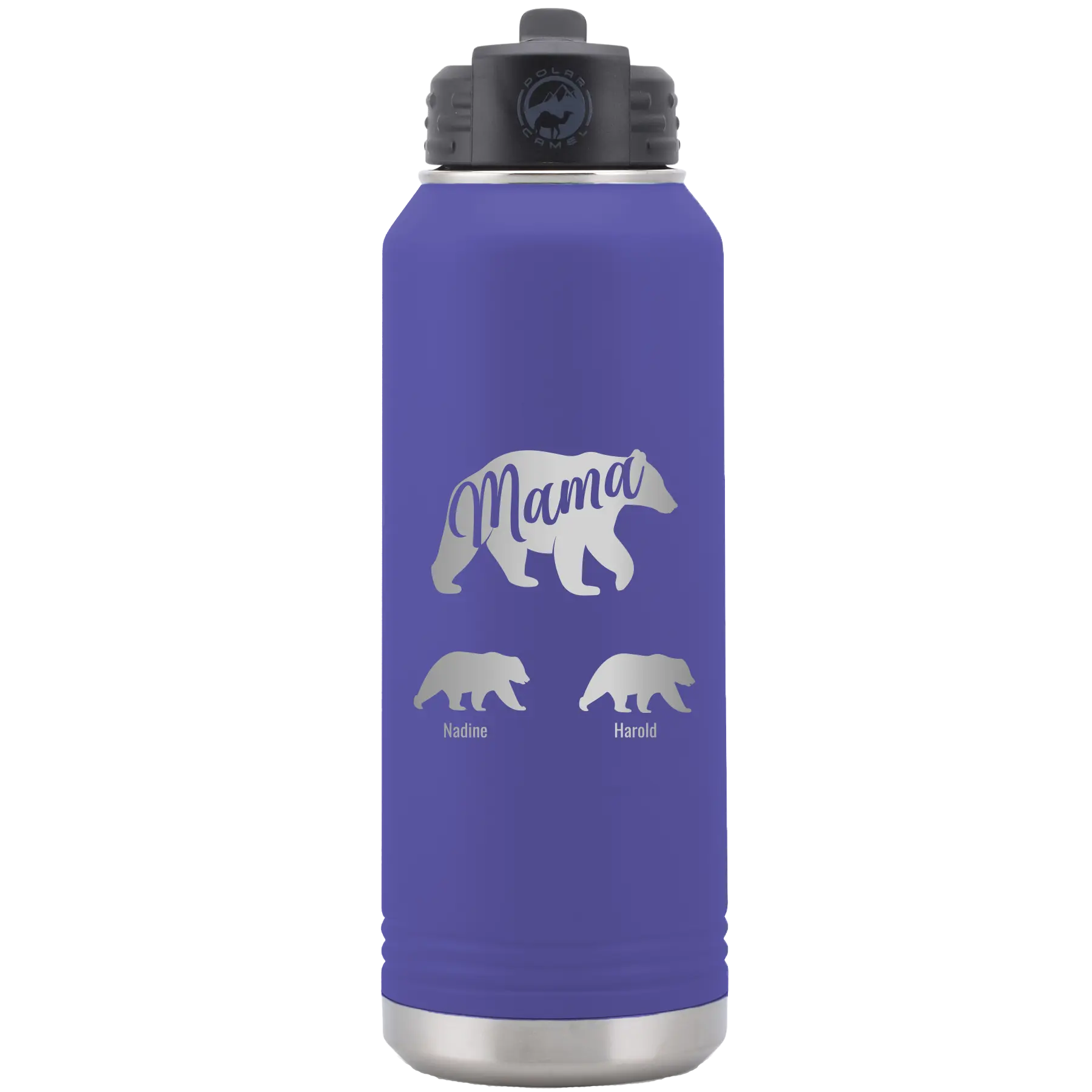 Personalized purple 32 oz vacuum insulated water bottle with 'Mama Bear 2 Baby Bears' design
