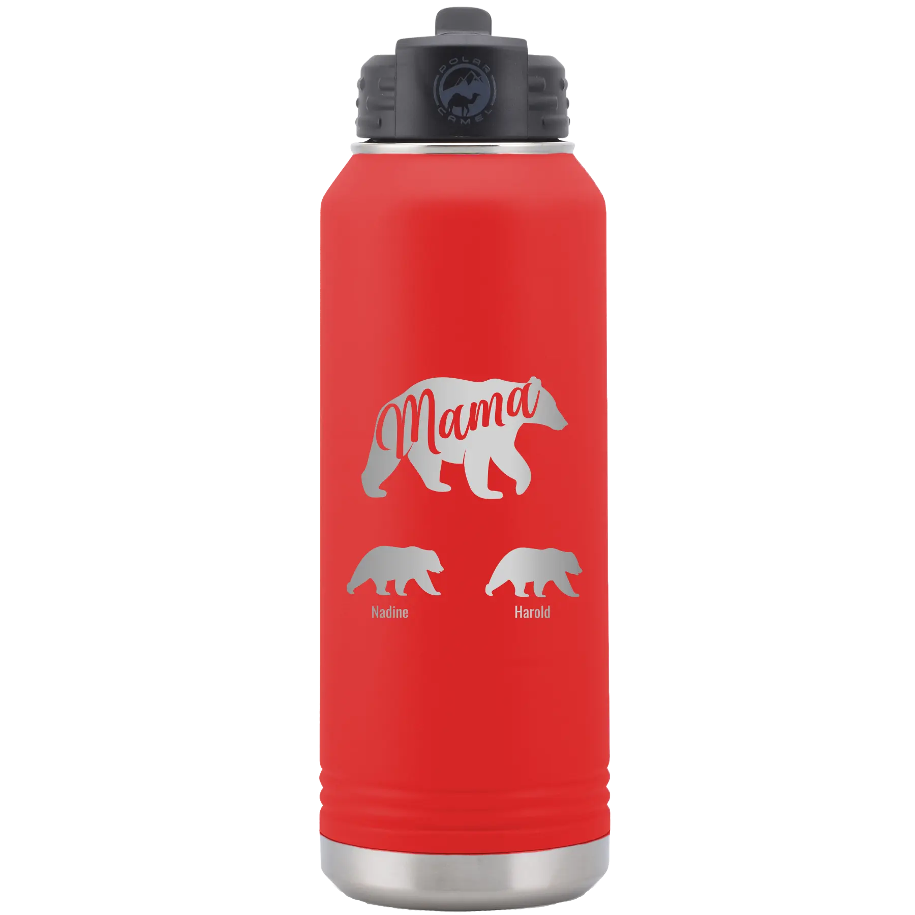 Personalized red 32 oz vacuum insulated water bottle with 'Mama Bear 2 Baby Bears' design