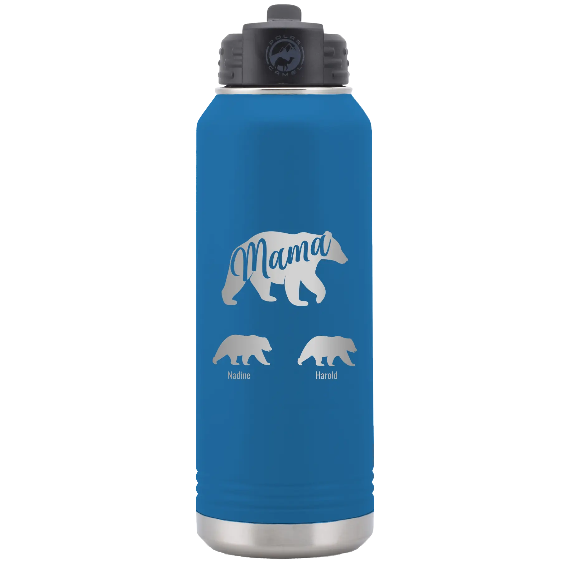 Personalized royal blue 32 oz vacuum insulated water bottle with 'Mama Bear 2 Baby Bears' design