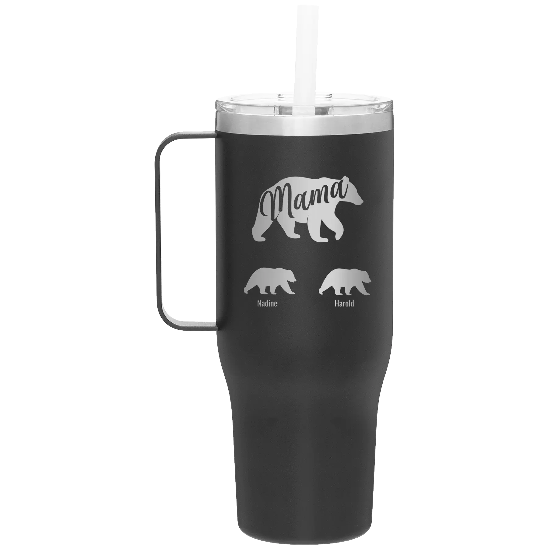 Personalized black 40 oz vacuum insulated tumbler mug with 'Mama Bear 2 Baby Bears' design