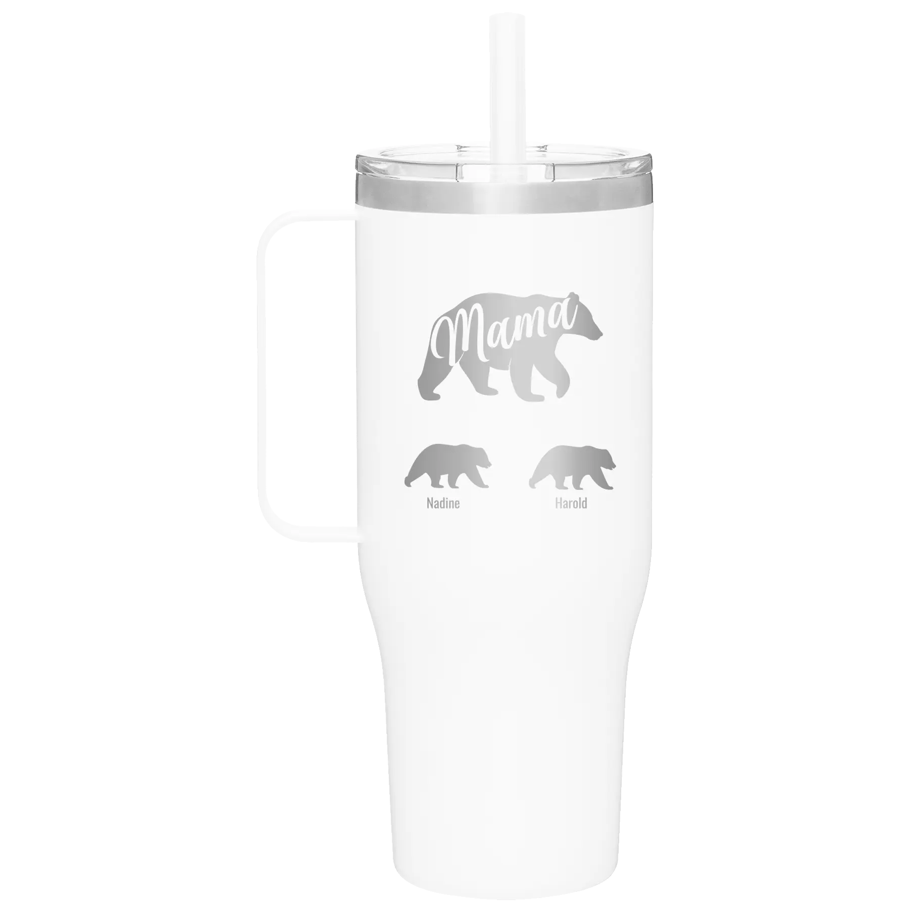 Personalized white 40 oz vacuum insulated tumbler mug with 'Mama Bear 2 Baby Bears' design